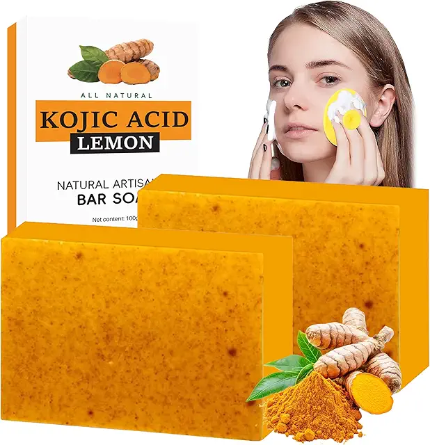 2 Stück Kurkuma Seife - Vegane Duschseife mit Kojisäure & Silikonbürste für Gesicht und Körper