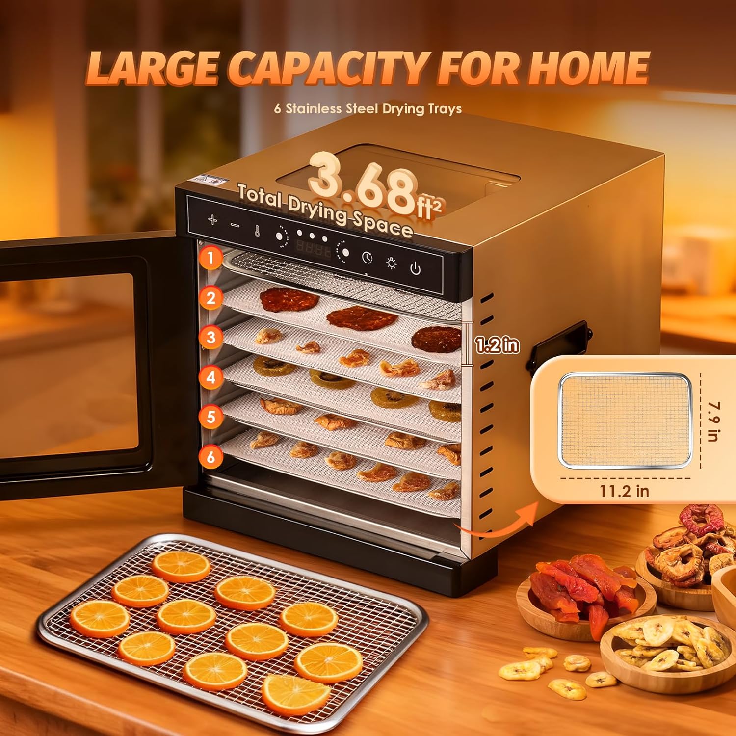 Food Dehydrator Machine 6 Stainless Steel Trays with 194°F Max Digital Contral, 400W Electric Food Dryer with Dual-View Windows Design, Fruit& Meat Dehydrator for Jerky Vegetables Dog Treats