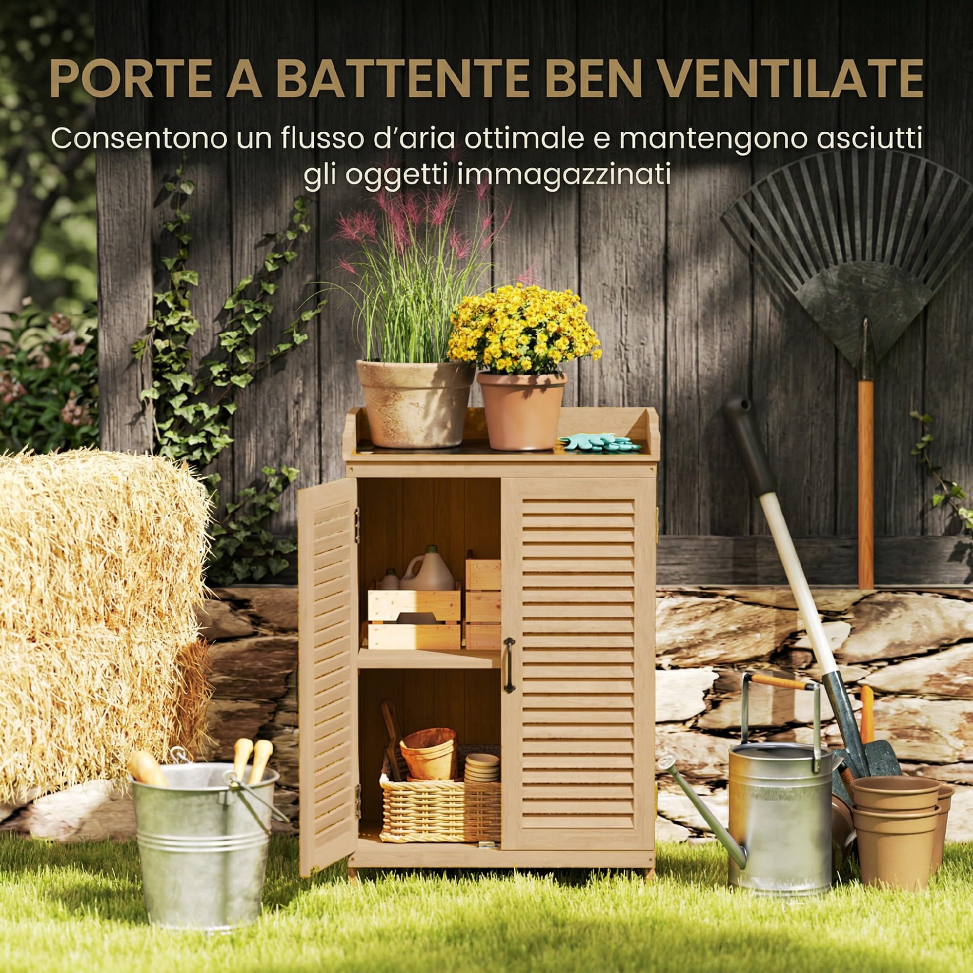 Outsunny Armadio da Giardino in Legno di Abete con Piano di Lavoro Zincato, Casetta Attrezzi Giardino con Ripiano Interno e Due Ante a Persiana, per Terrazza Patio, 65.5x40x98.5 cm, Giallo