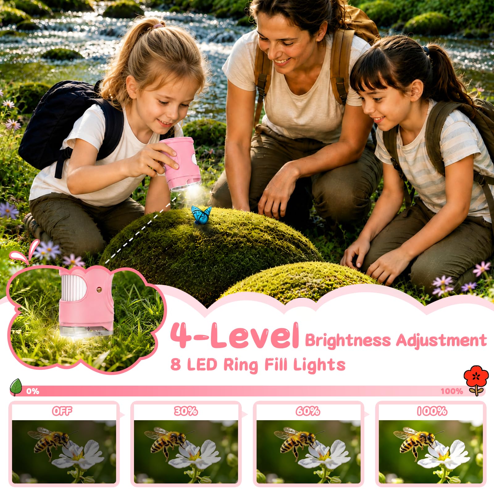 Microscopio para Niños 1000X, Microscopio Digital Portátil con Pantalla IPS de 2 Pulgadas, 8 LED Ajustables, Función Foto y Video, Juguete Educativo para Niños y Niñas (Rosa)