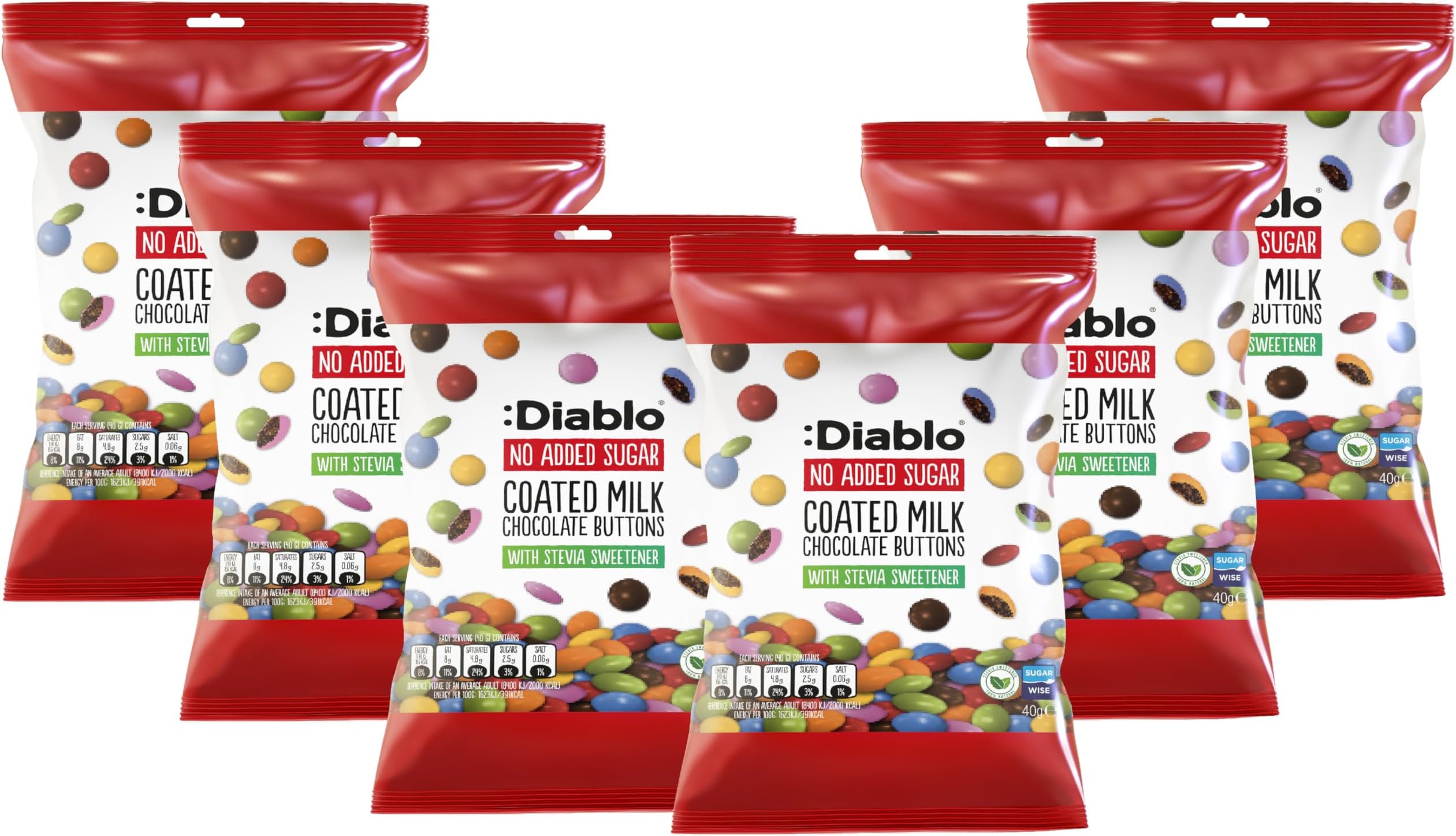 Diablo Chocolate Candy Coated Buttons - No Sugar Added, Bite Size Colorful Shell Coating - Sweetened with Stevia, Perfect for Gifting Chocolates - 40g, Milk Chocolate, Pack of 6