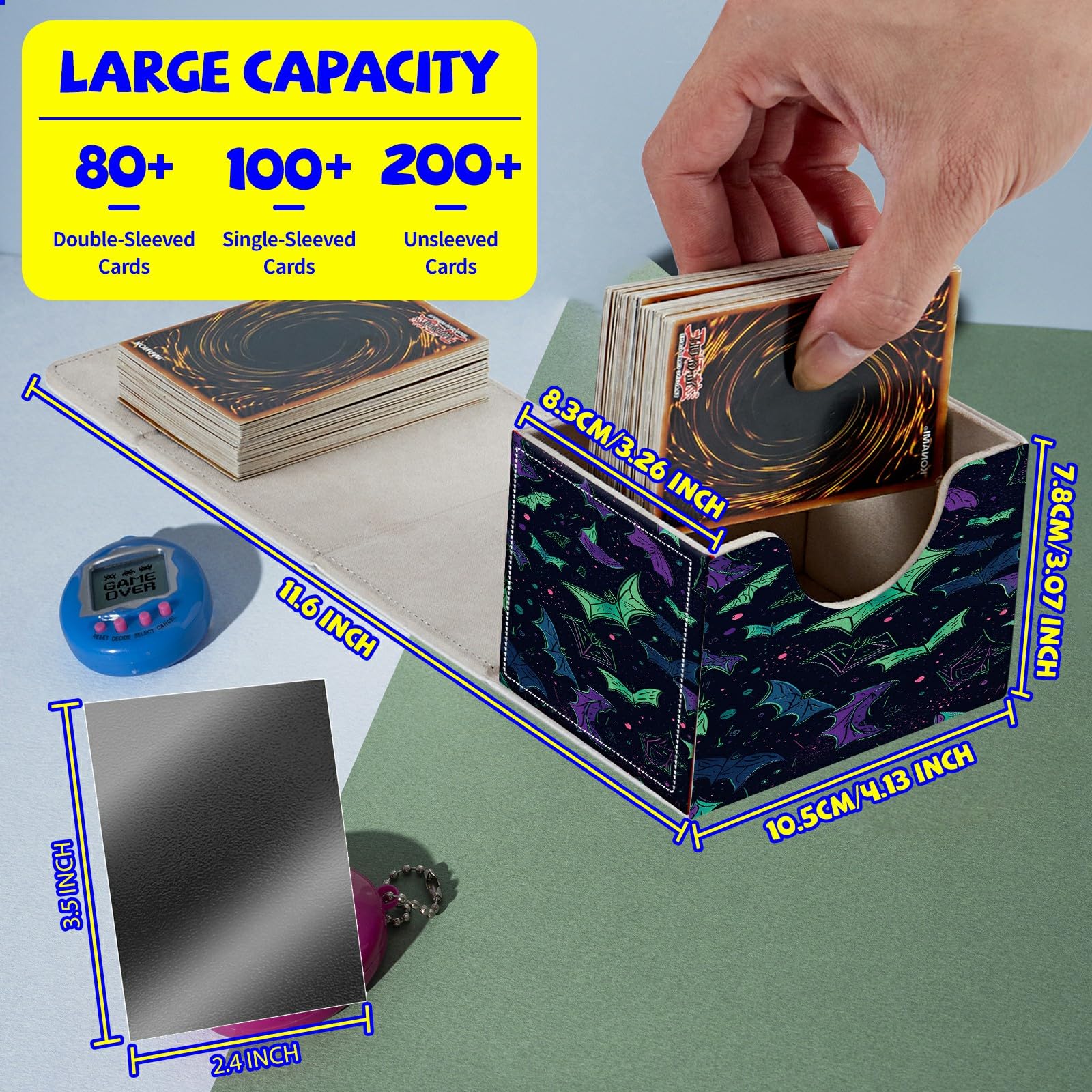 Amazon.com: Card Deck Box Plus 100 Counts Matte Black Card Sleeves, Rainbow  Goth Bats for Collectible MTG TCG CCG Card Storage Box Horizontal Holds  100+ Single Sleeved Cards, Leather Game Card Box