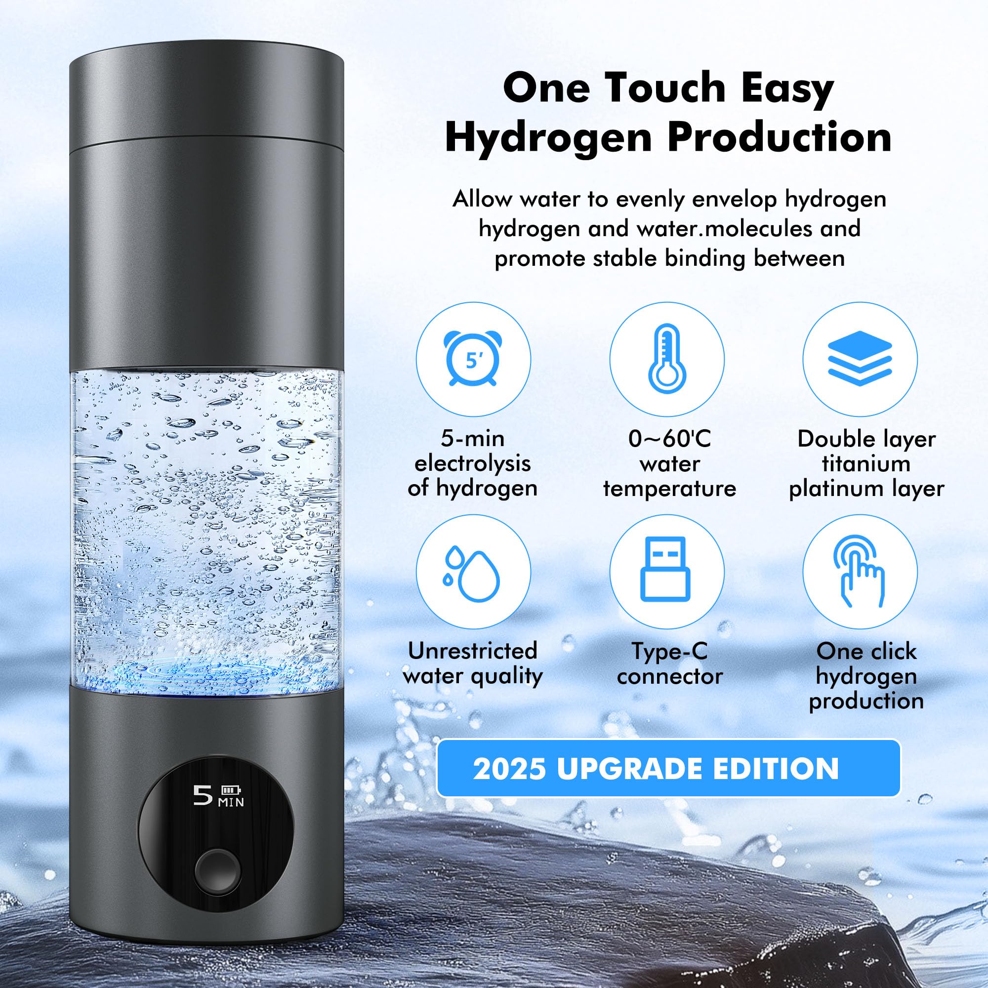 Hydrogen Water Bottle,Up to 6000 PPB Hydrogen Water Bottle Generator,Advanced SPE/PEM Technology,8oz Rechargeable Portable Generator with LED Display
