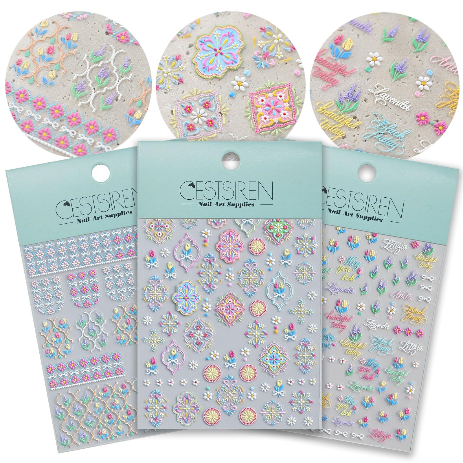 CESTSIREN Colorful Bohemian Nail Art Stickers, Summer Spring Flower Nail Decals, Self-Adhesive, Nail Accessories for Women, Nail Decorations 3 Sheets