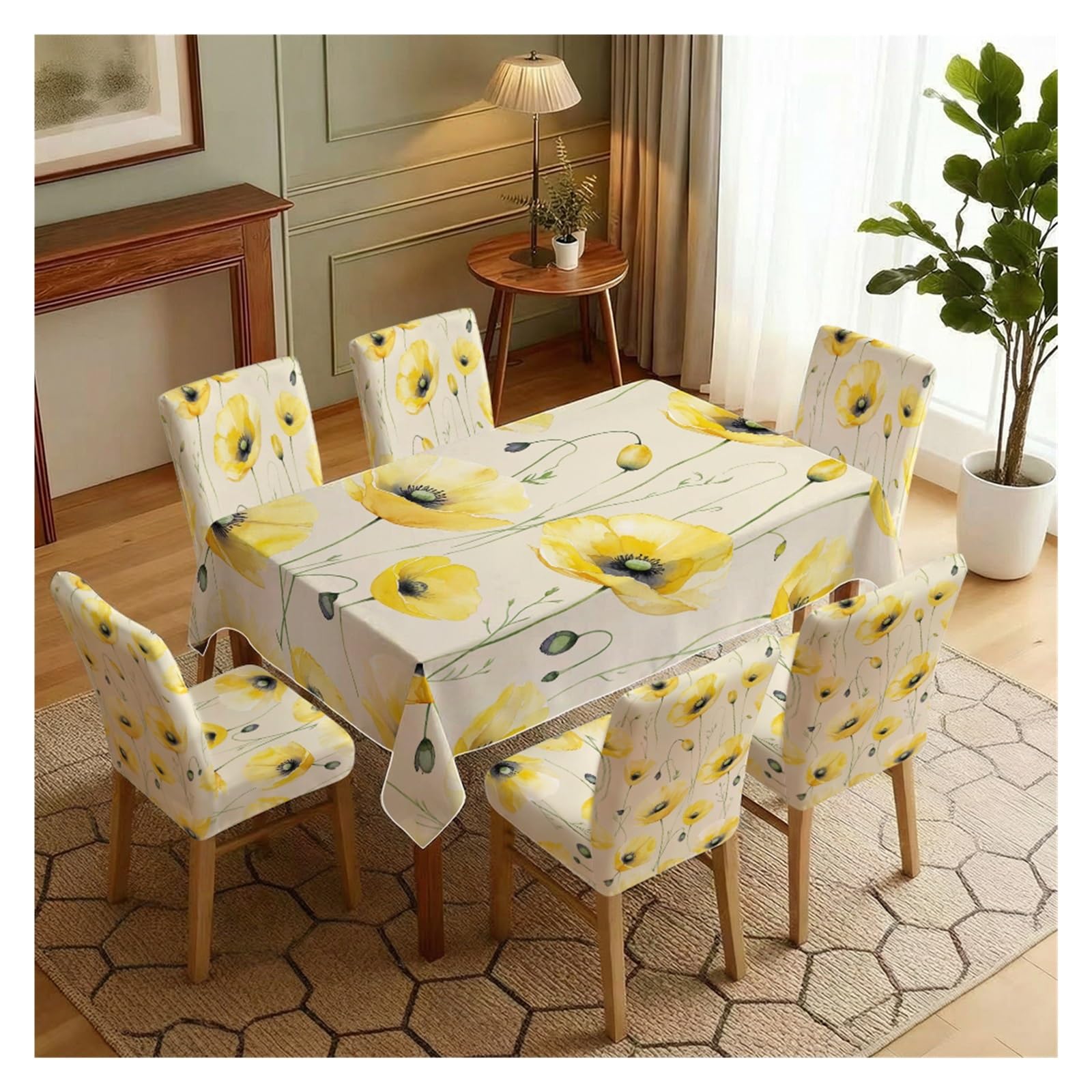 BOSUYBN Cream Base Yellow Poppy Dining Tablecloth & Chair Cover Set, 5/7 Piece Watercolor Floral Slipcovers For Farmhouse Home Table Setting(7pcs Set: Tablecloth+Chair Covers)