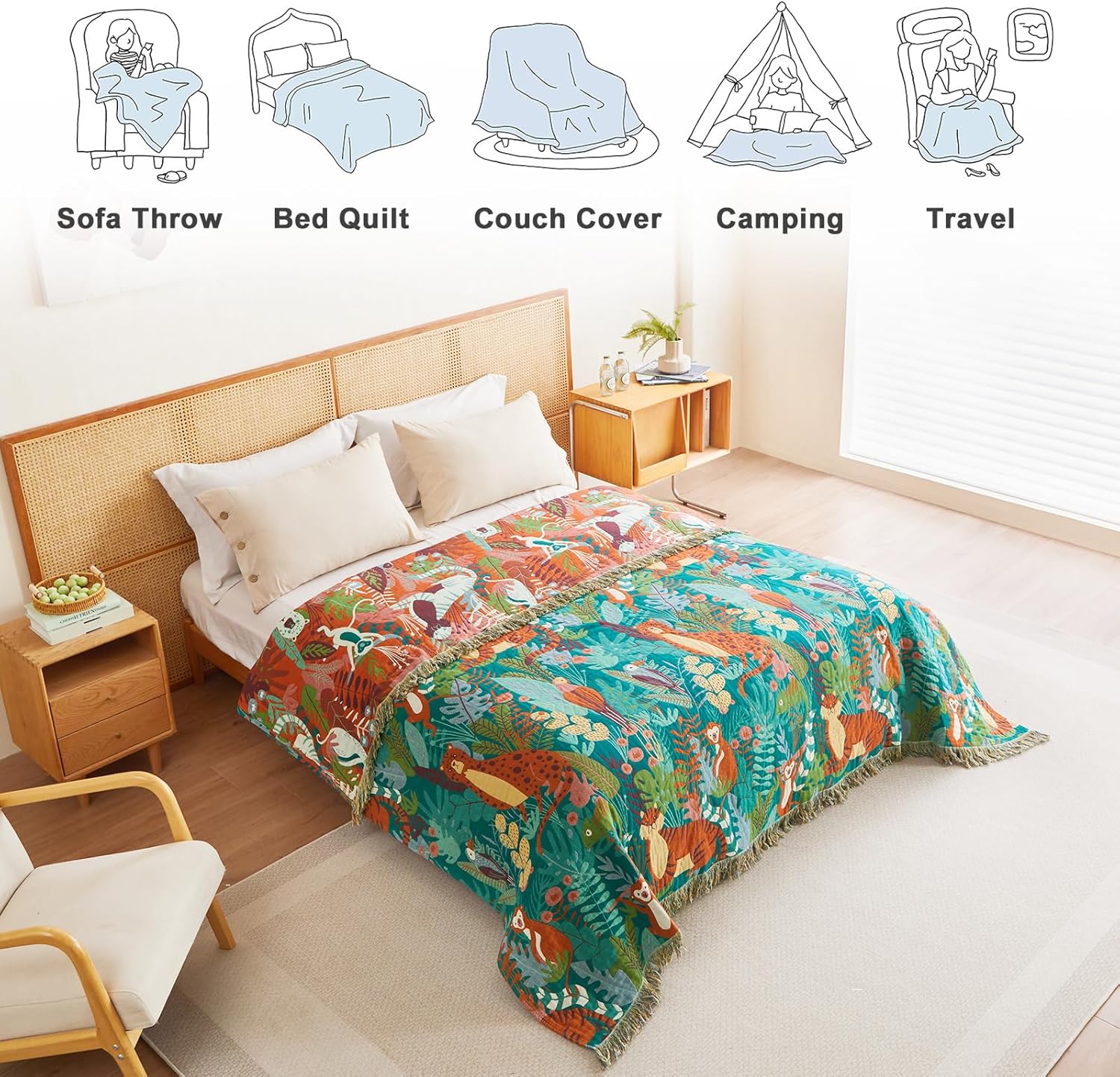 MSGKV Throw Blanket for Bed Cotton Animals Twin Size Couch Blanket 60"x80" Muslin Breathable Lightweight Farmhouse Blankets Home Decor All Seasons - Image 5