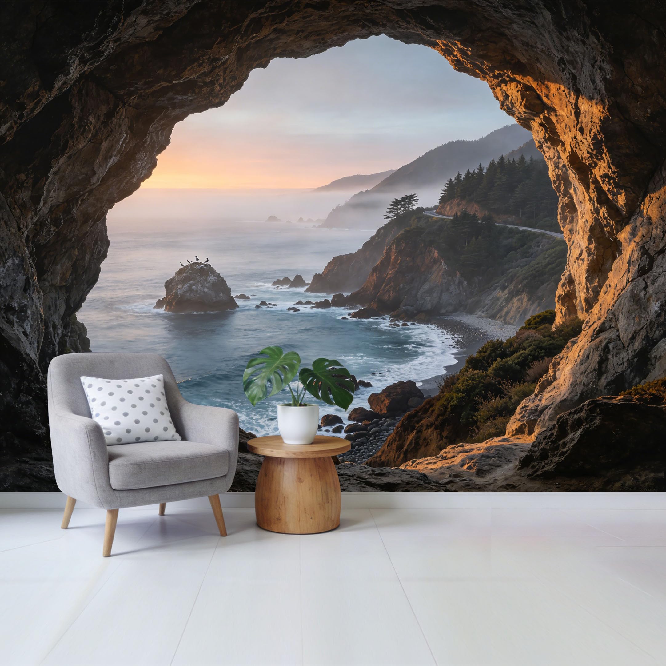 Custom Size Wall Mural Coastal Ocean Cave View Sunset Cliff Landscape Removable Self Adhesive Fabric Home Wall Decor for Living Room Bedroom Bathroom