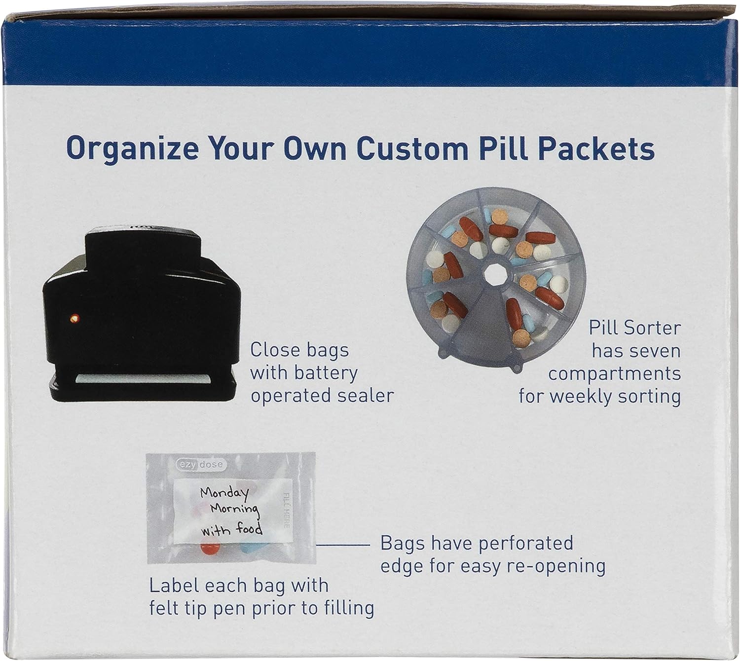Ezy Dose Weekly (7-Day) Pill Organizer, Vitamin and Medicine System, Includes Sorter, Sealer, Batteries, and 200 Easy-Tear Pill Pouches : Health & Household