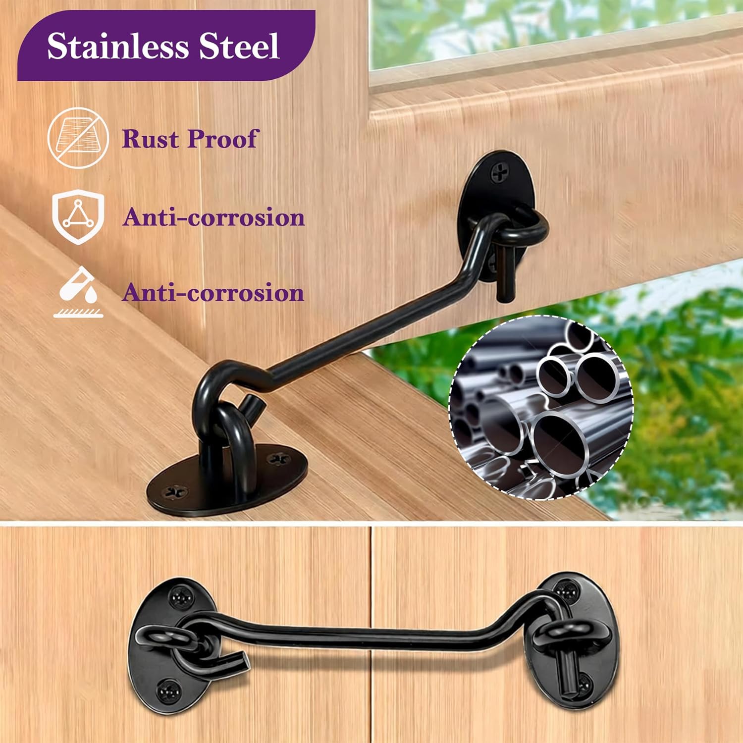 2 Pcs Barn Gate Latch Bolt Lock for Wooden Gates Garden Shed Door, Heavy Duty Hook and Eye Latch for Internal Door, 4-Inch Stainless Steel Black, AFGB-4-2P
