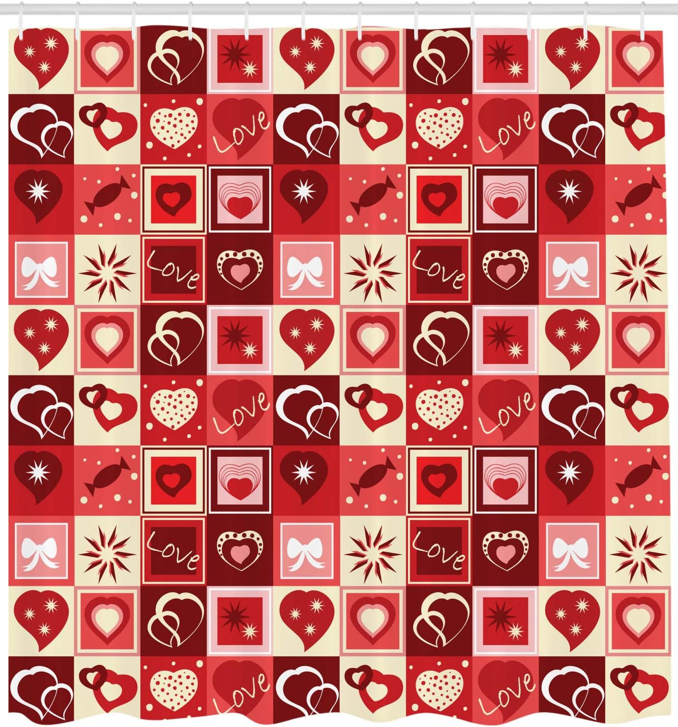 Ambesonne Valentine's Day Shower Curtain, Valentines Day Themed Frames Pattern with Hearts Stars Love Lettering, Cloth Fabric Bathroom Decor Set with Hooks, 69" W x 75" L, Beige Coral Red