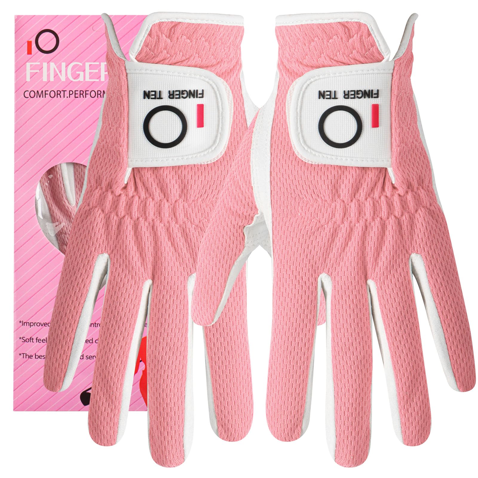 FINGER TEN Womens Golf Glove Right Handed Golfer Left Hand Rain Grip Hot Wet All Weather Value 2 Pack, Golf Gloves Breathable Flexible for Ladies