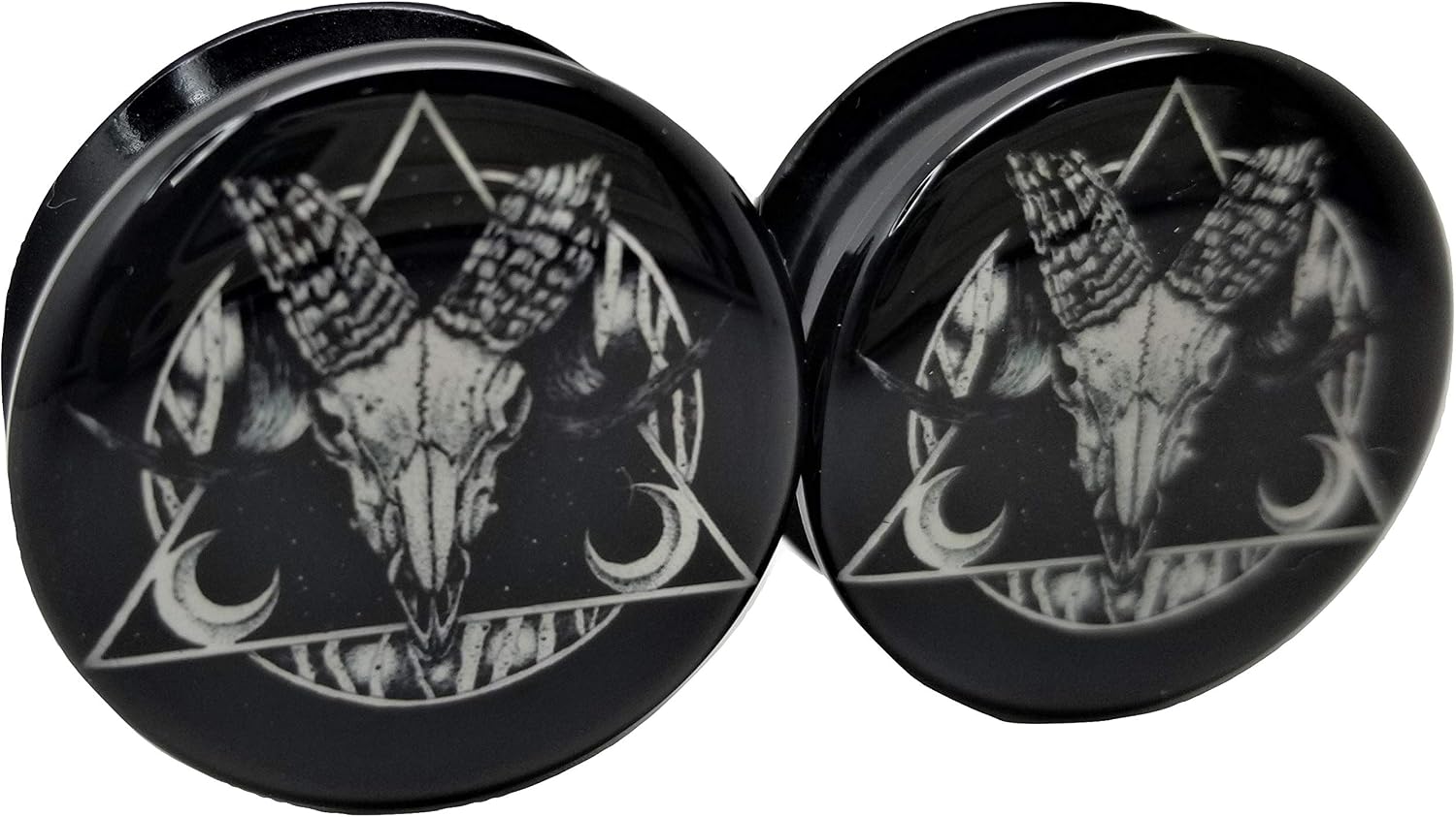 Ram Skull Black & White Ear Plugs - Acrylic Screw-On - 10 Sizes Pair*