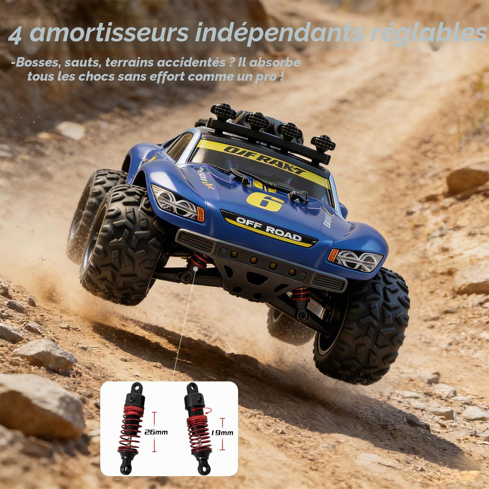 Voiture RC 1:18 4×4, véhicule télécommandé Tout‑Terrain Haute Vitesse 40 km/h avec 2 Batteries (45 Min d'autonomie), Camion Tout‑Terrain étanche IPX4 adapté au Sable, à la Boue et à la Neige
