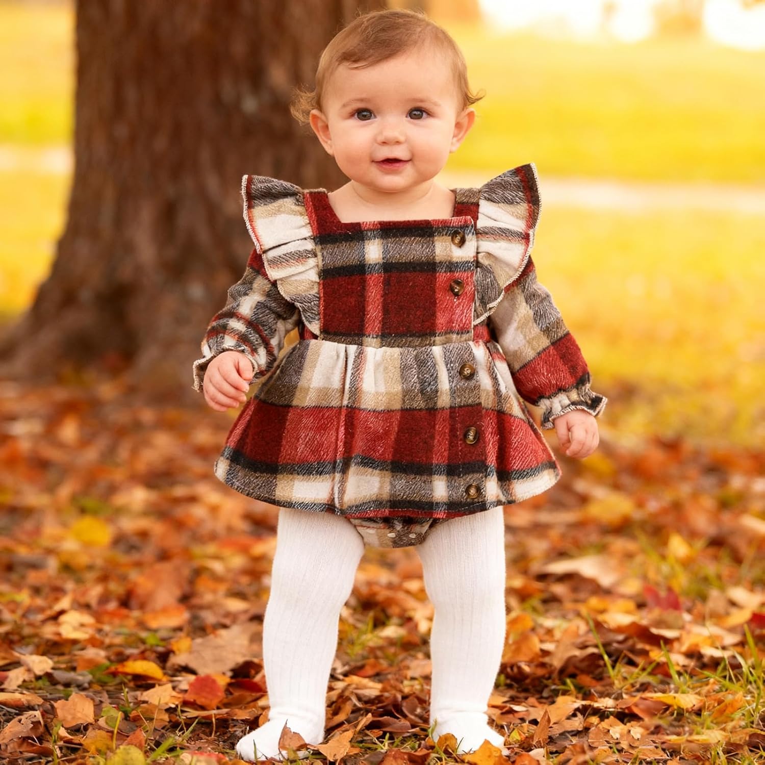 Newborn Baby Girl Fall Winter Clothes Plaid Long Sleeve Romper Buttons Outfit Ruffles Dress with Bow Headband - Image 6