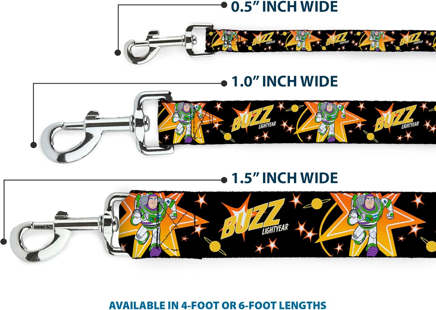 Dog Leash Toy Story Buzz Lightyear Running Stars Black Orange Yellow 6' Long 1.0" Wide