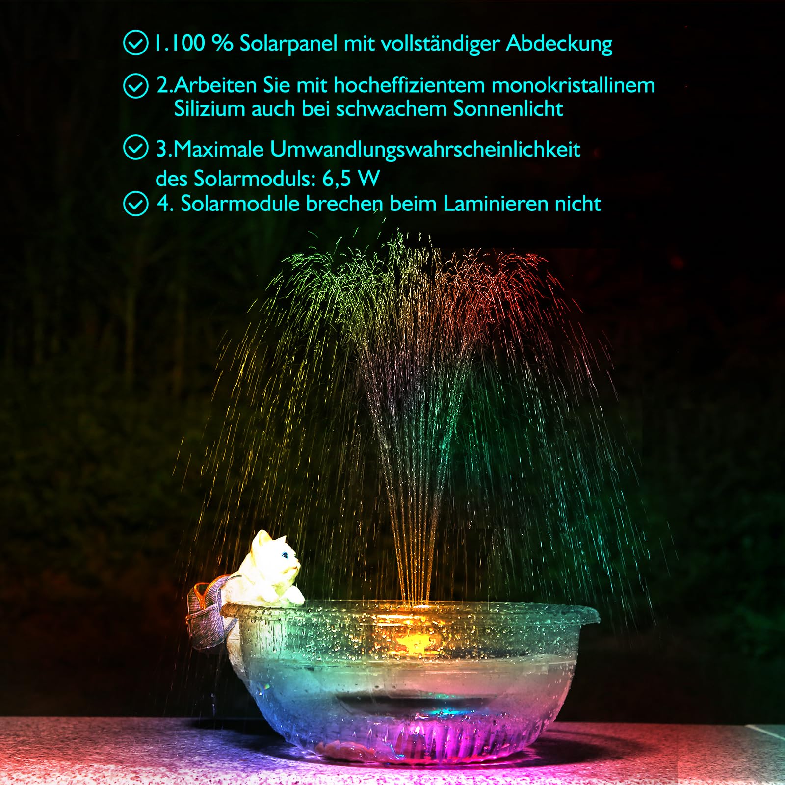 AISITIN 6,5W LED Solar Springbrunnen mit Verstellbare Stützstange, Buntes Solar Teichpumpe Eingebauter Batterie mit Doppelseitig LED Runden Solarbrunnen für Vogelbad,Gartenteich,DIY Wasserspiel,Teich