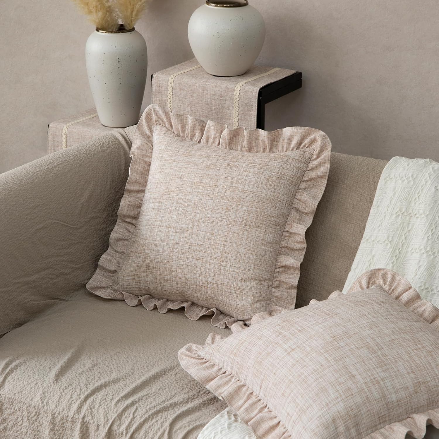 GLORY SEASON Rustic Throw Pillow Covers Set of 2 Classic Linen Style Fabric Decorative Pillow Cases Retro Ruffle Flounces Trim Cushion Case for Sofa Couch Bedroom Decor Linen 18x18 Inch
