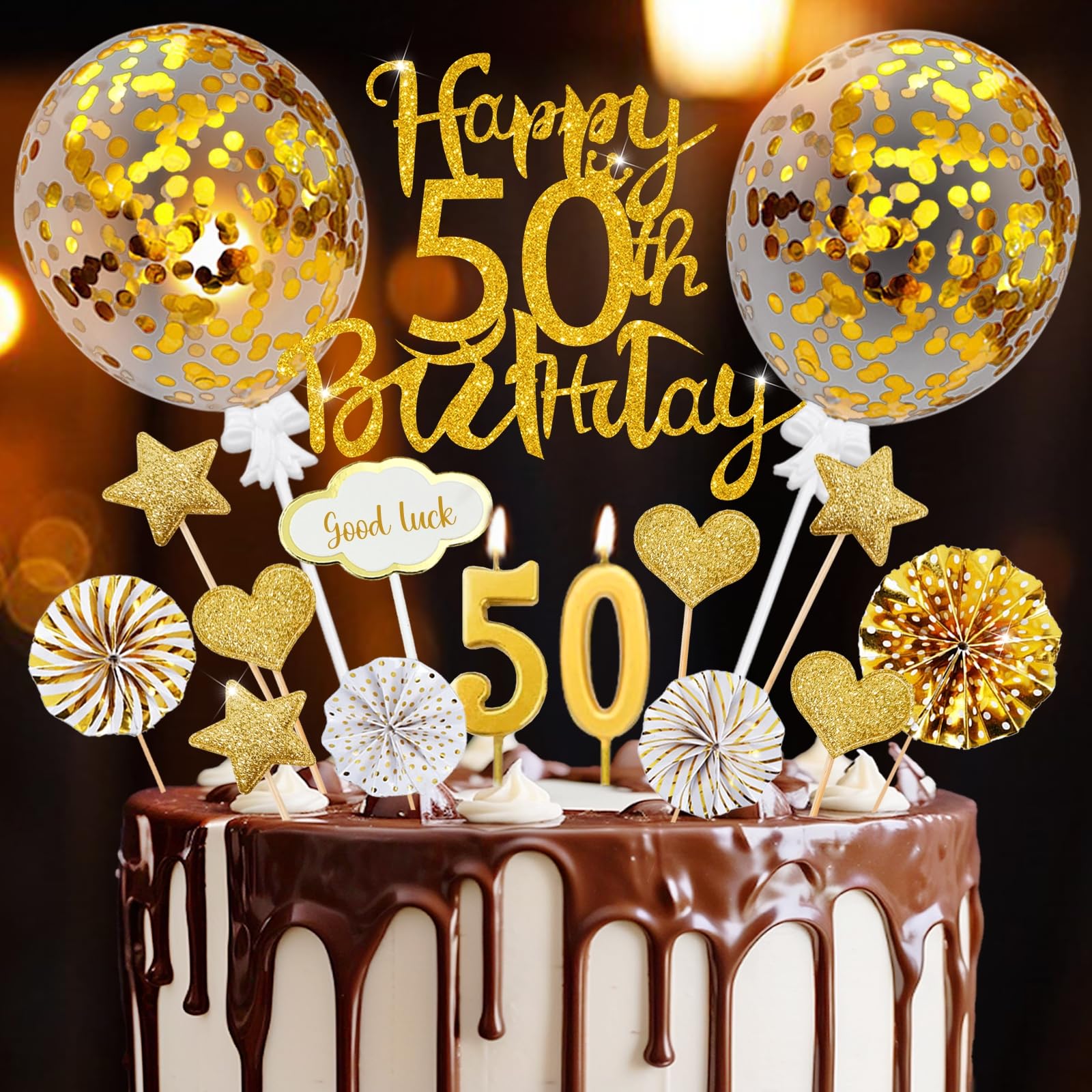 Torten Deko 50 Geburtstag Mann Frau, 20 Pcs Happy Birthday Tortendeko Gold Deko 50. Geburtstag Frau, 50th Cake Topper mit Geburtstagskerzen, für 50 Jahre Geburtstagskuchen Deko