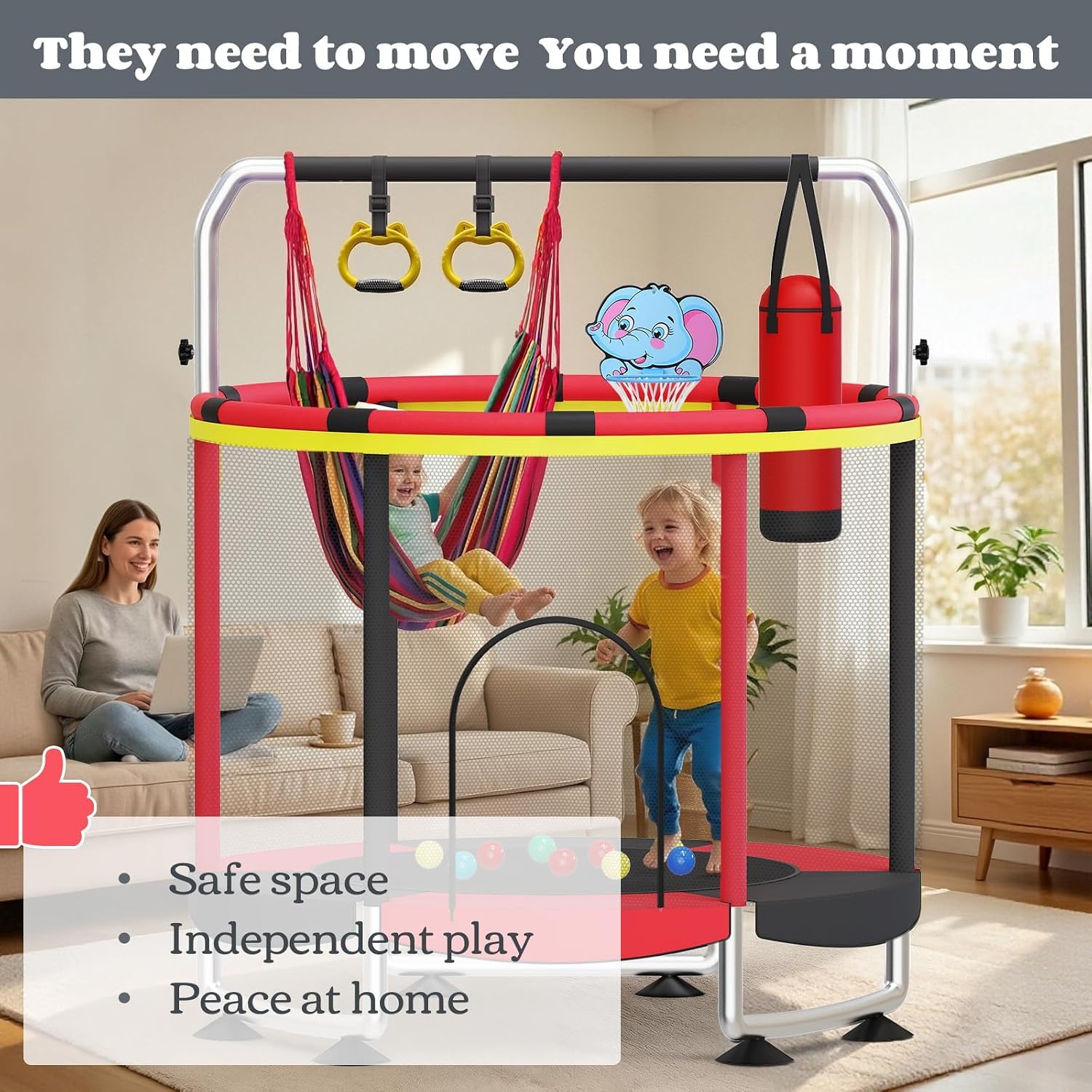 55 Zoll Trampolin für Kinder, 5-in-1 Kleinkind Trampolin Innen & Außen mit Verstellbarer Gymnastikstange und Spielzeug, Geschenk für Jungen und Mädchen 3–8 Jahre