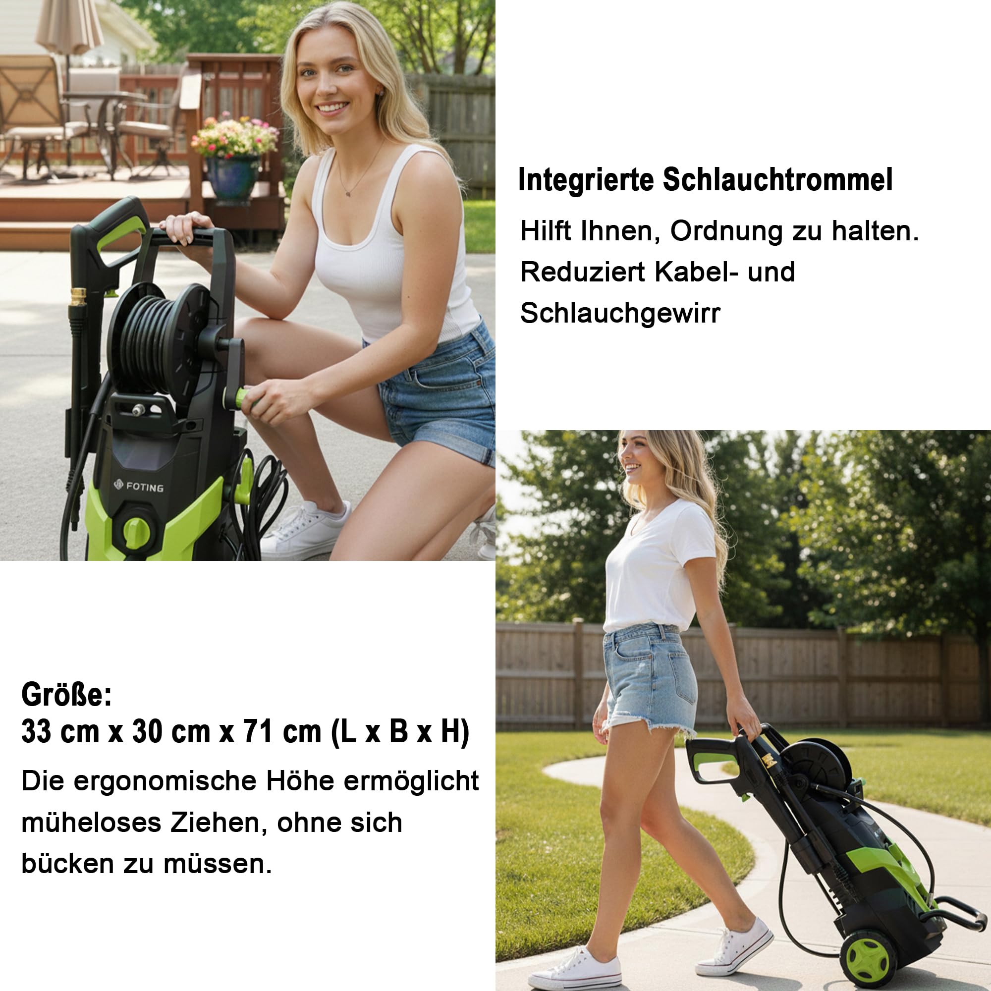 Hochdruckreiniger, Druck: max. 145 bar, 6-in-1-Düse, Fördermenge: 420 l/h, Flächenleistung: 50 m²/h, mit 7 m Hochdruckschlauch und Reinigungsmittelbehälter 500 ml, für Auto, Terrasse und Garten