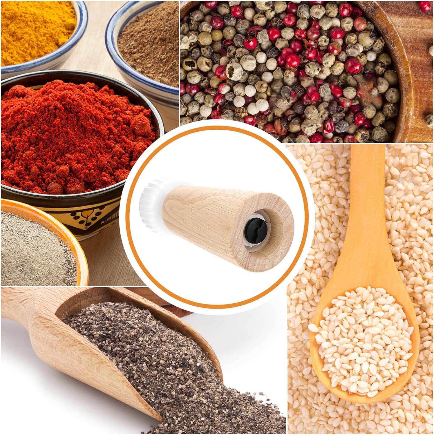 VALICLUD Wooden Manual Pepper Grinder with Ceramic White Cap Handheld Seasoning Grinder for Kitchen Use Solid Texture Easy to Clean and Maintain