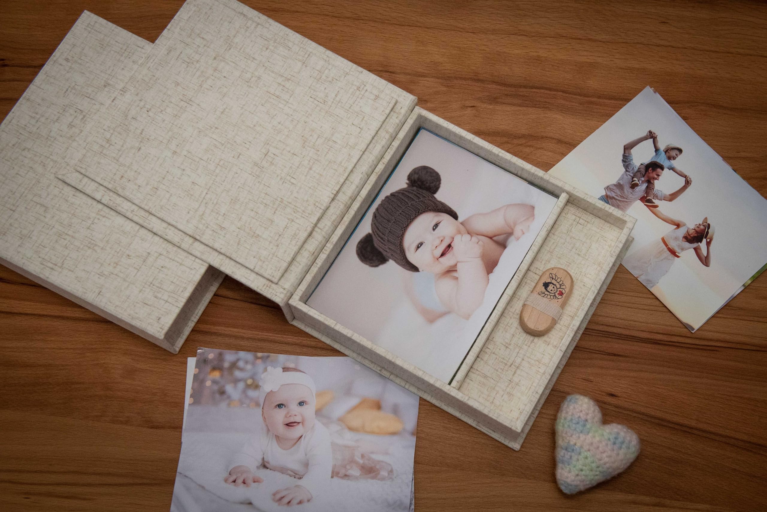 Boîte de rangement USB/DVD de mariage avec boîte photo, 13 x 18 cm, en lin (naturel)