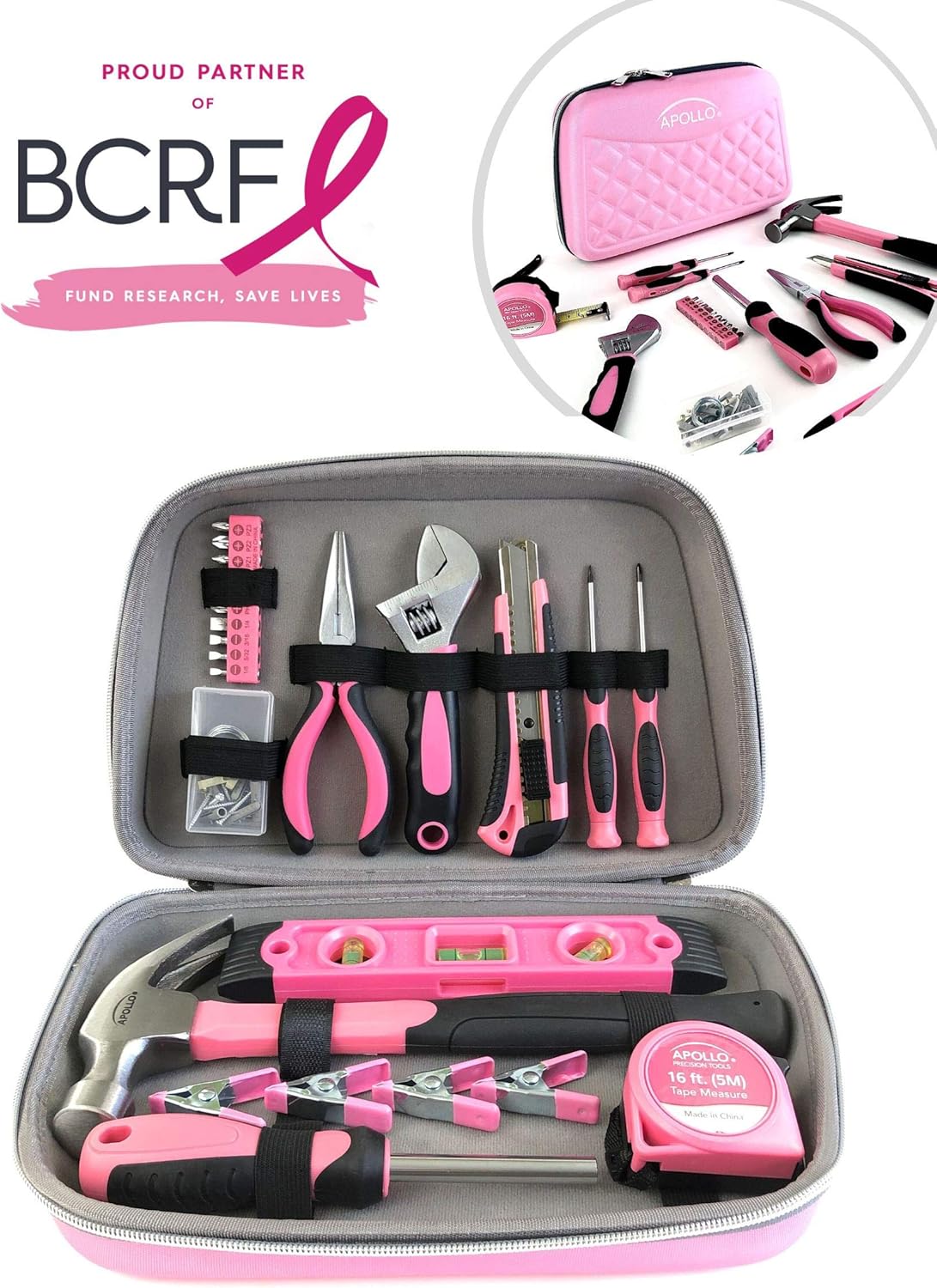 Best Deal Cheap 🛒 Apollo Tools 63-Piece Pink Household Tool Set in Attractive Designer Zippered Case with Pink Tool Selection - Pink Ribbon - DT5016P