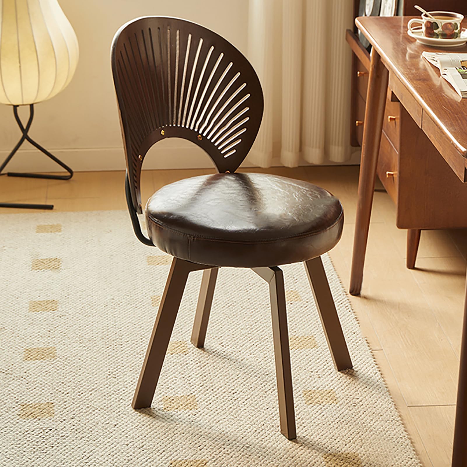 Swivel Desk Chair, Faux Leather Upholstered Office Chair No Wheels Armless Shell Chair with Wood Legs, Mid-century Modern Computer Chair for Dining