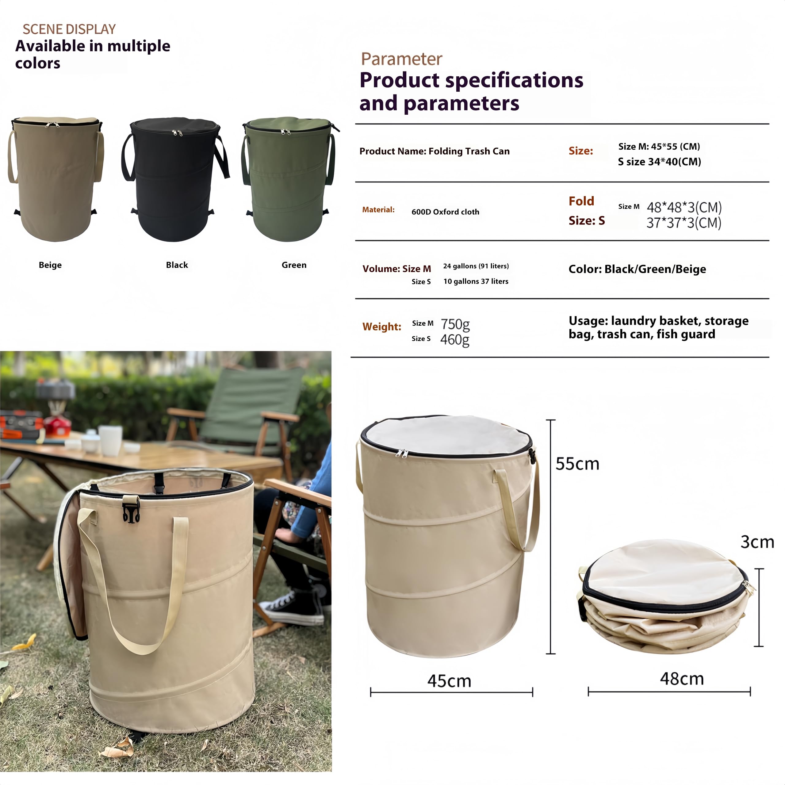 Faltbarer Camping Mülleimer, Müllsackständer Für Wohnmobil, Wiederverwendbarer Outdoor-Müllbehälter, Multifunktional Lagereimer Mit Deckel, Gartenabfallbeutel Mit Reißverschluss (Kaffee, 45x55cm)