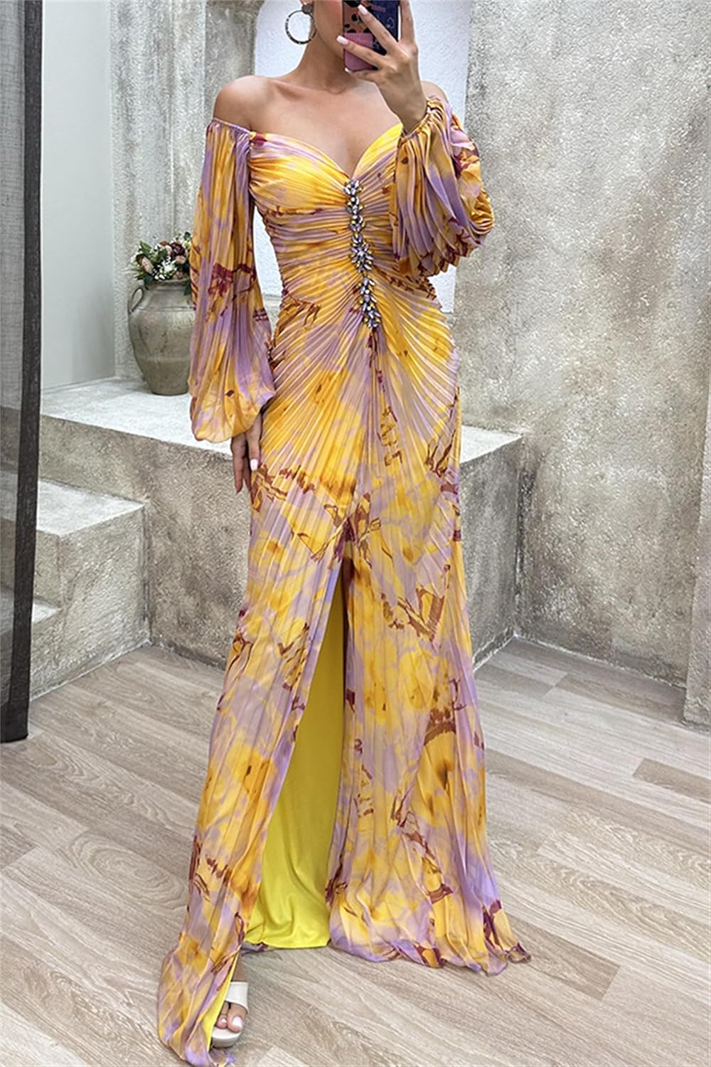 Women's Elegant Off Shoulder Rhinestone Lantern Sleeve Pleated Printed Prom Dresses Split Hem Cocktail Party Maxi Dress