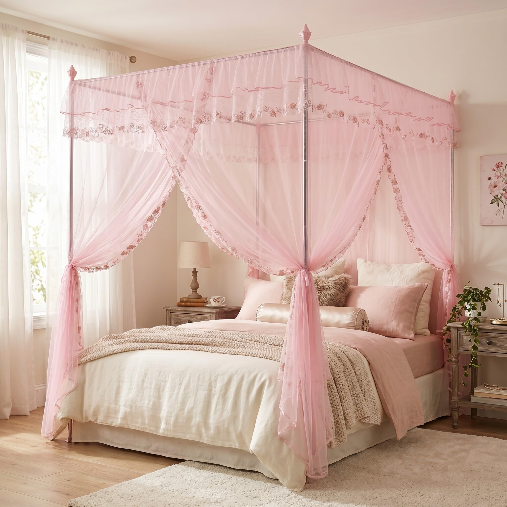Betthimmel Moskitonetz Bett für Mädchen Luxus-Prinzessin-Quarterposten-Bettvorhänge 3-türiges Netzgewebe Rosa 150x200x200cm