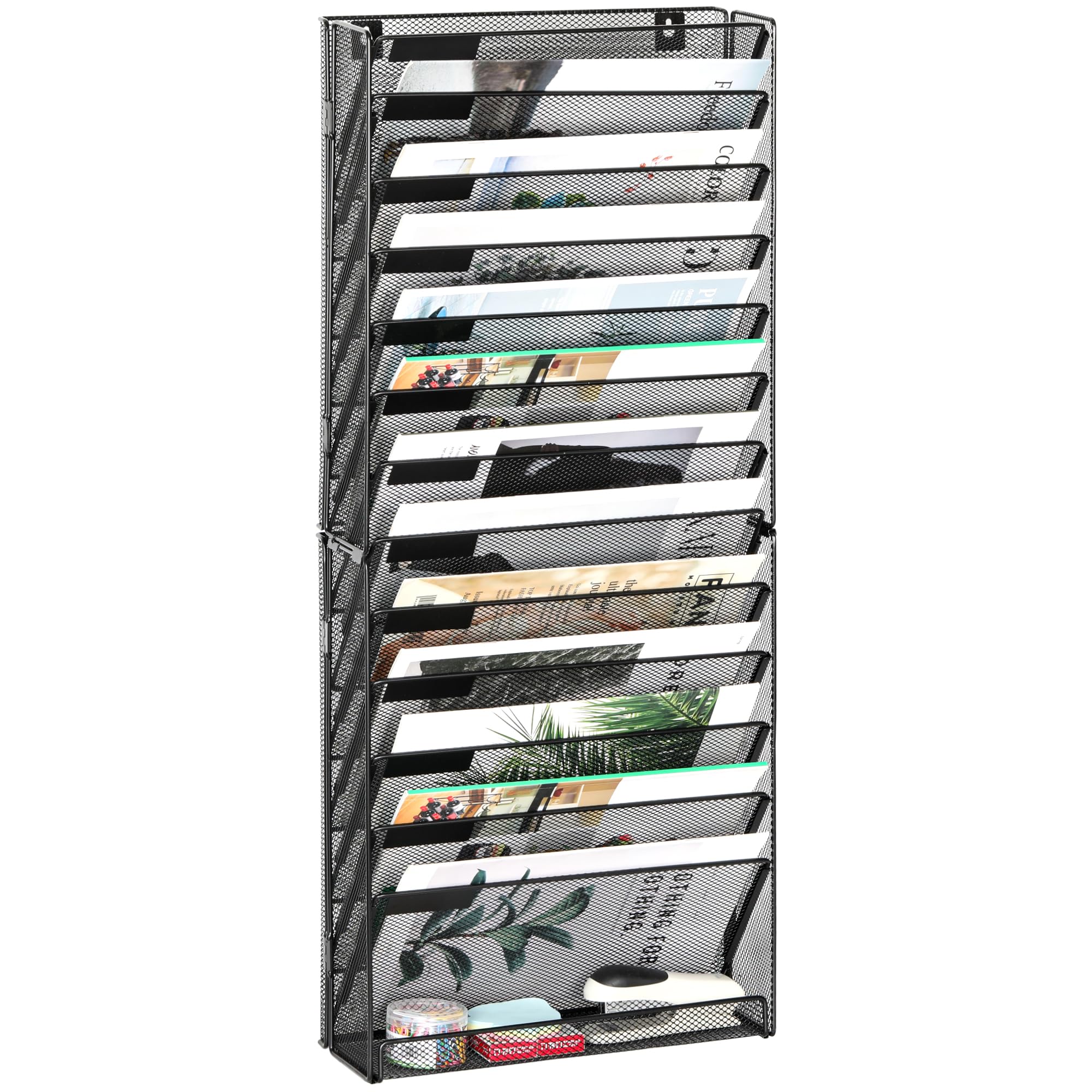 EasyPAG Wall File Holder 14 Tier Mesh Hanging Folder Organizer with Flat Tray Wall Mounted Mail Organizer Magazine Paper Desk Shelf with Nametag Label