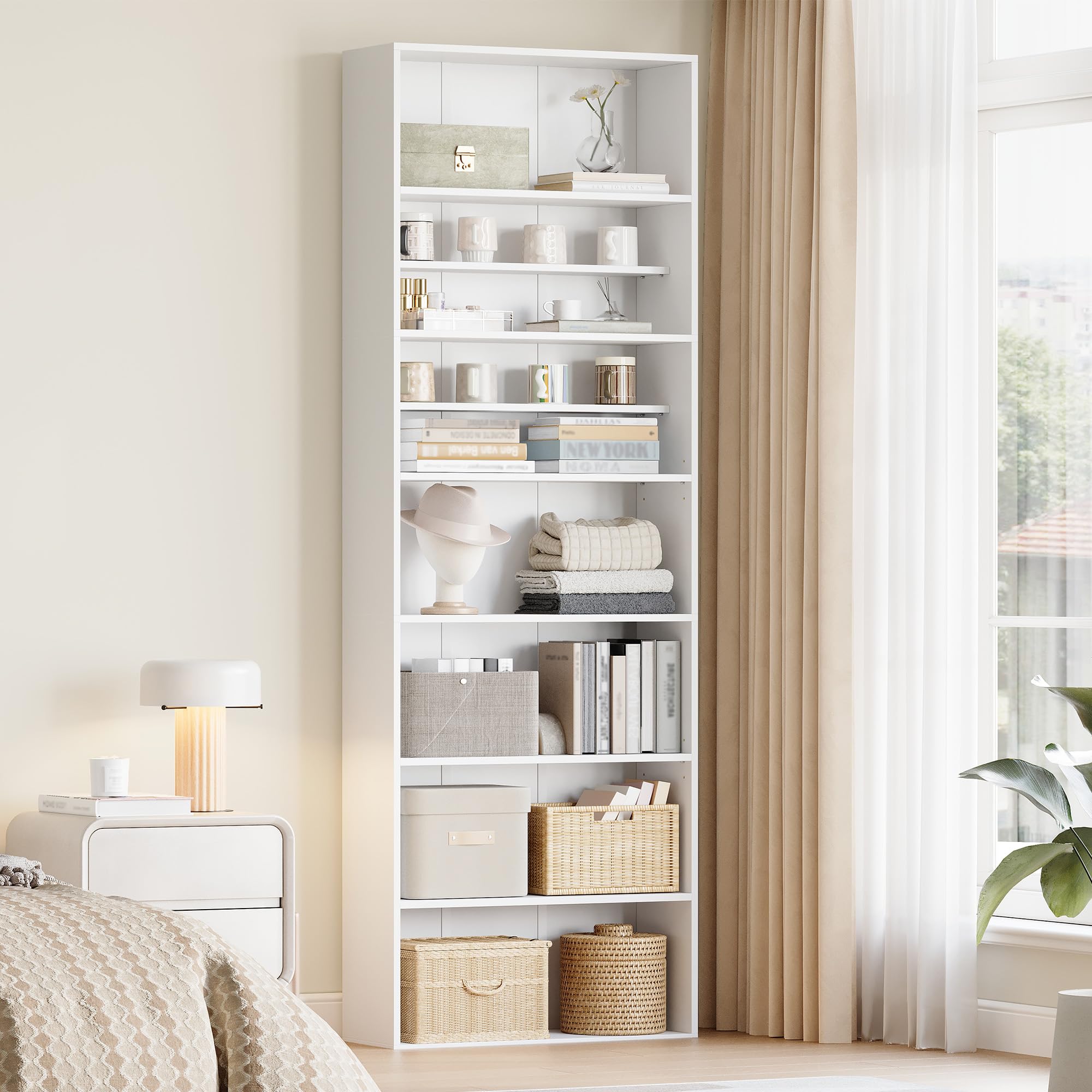 HEXCELEN Bibliothèque, Étagère de Rangement, Étagère à 7 Niveaux, Meuble de Rangement, pour Salon, Bureau, Chambre, Blanc, 24 x 60 x 205 cm