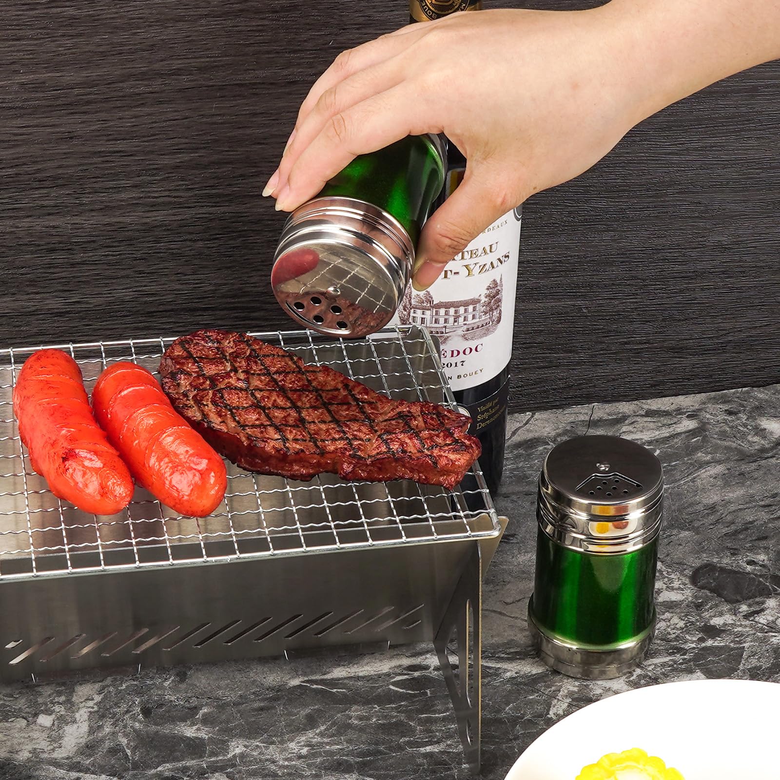 SHIDOW 4 tarros de condimentos de acero inoxidable, botellas de especias para barbacoa, salero y pimentero de primera calidad con agujeros de vertido ajustables, elegante dispensador de sal y pimienta