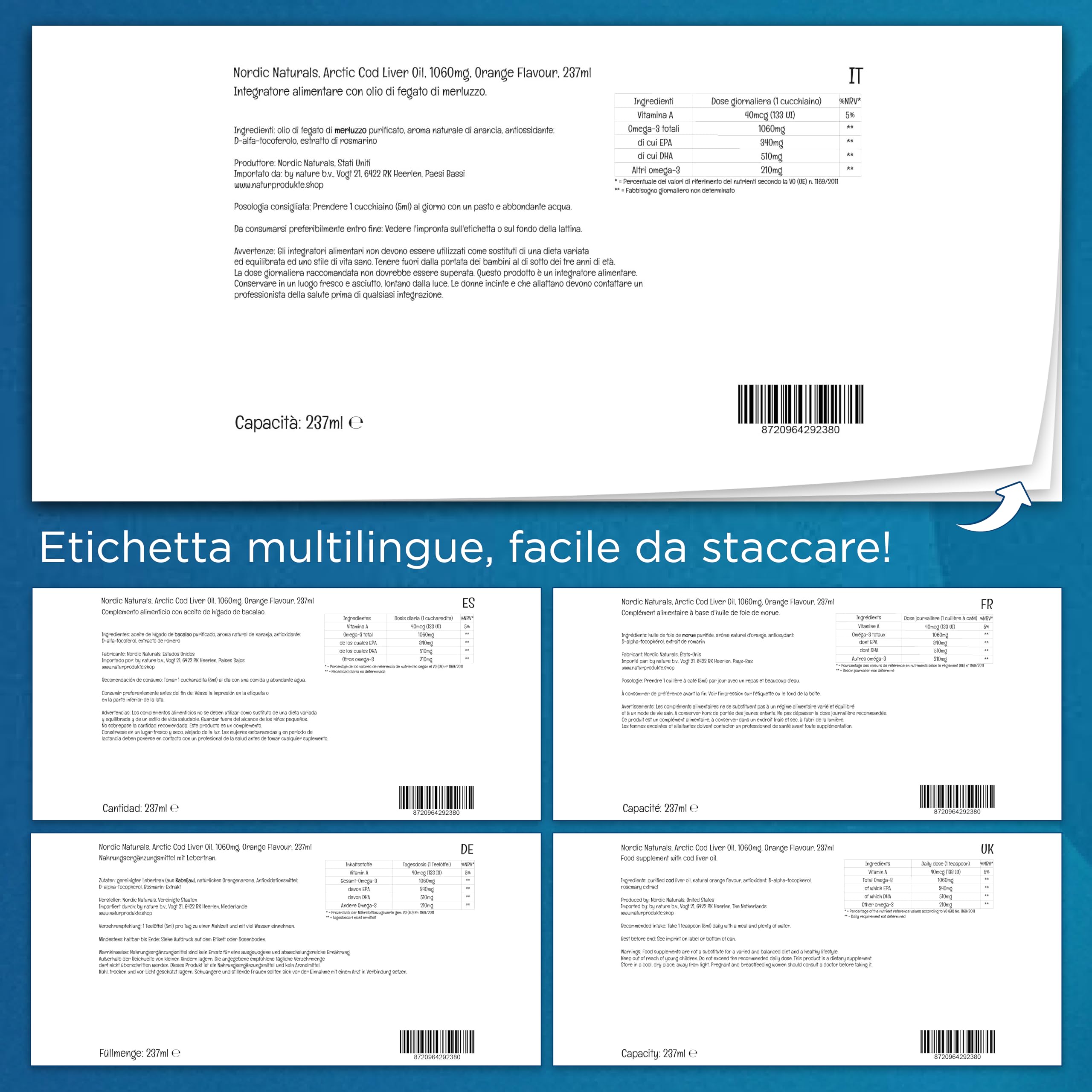 Nordic Naturals, Arctic Cod Liver Oil, 1060 mg di Omega-3 dall'Olio di Fegato di Merluzzo, con EPA e DHA, Gusto Arancia, 237 ml, Testato in Laboratorio, Senza Soia, Senza Glutine, Non OGM