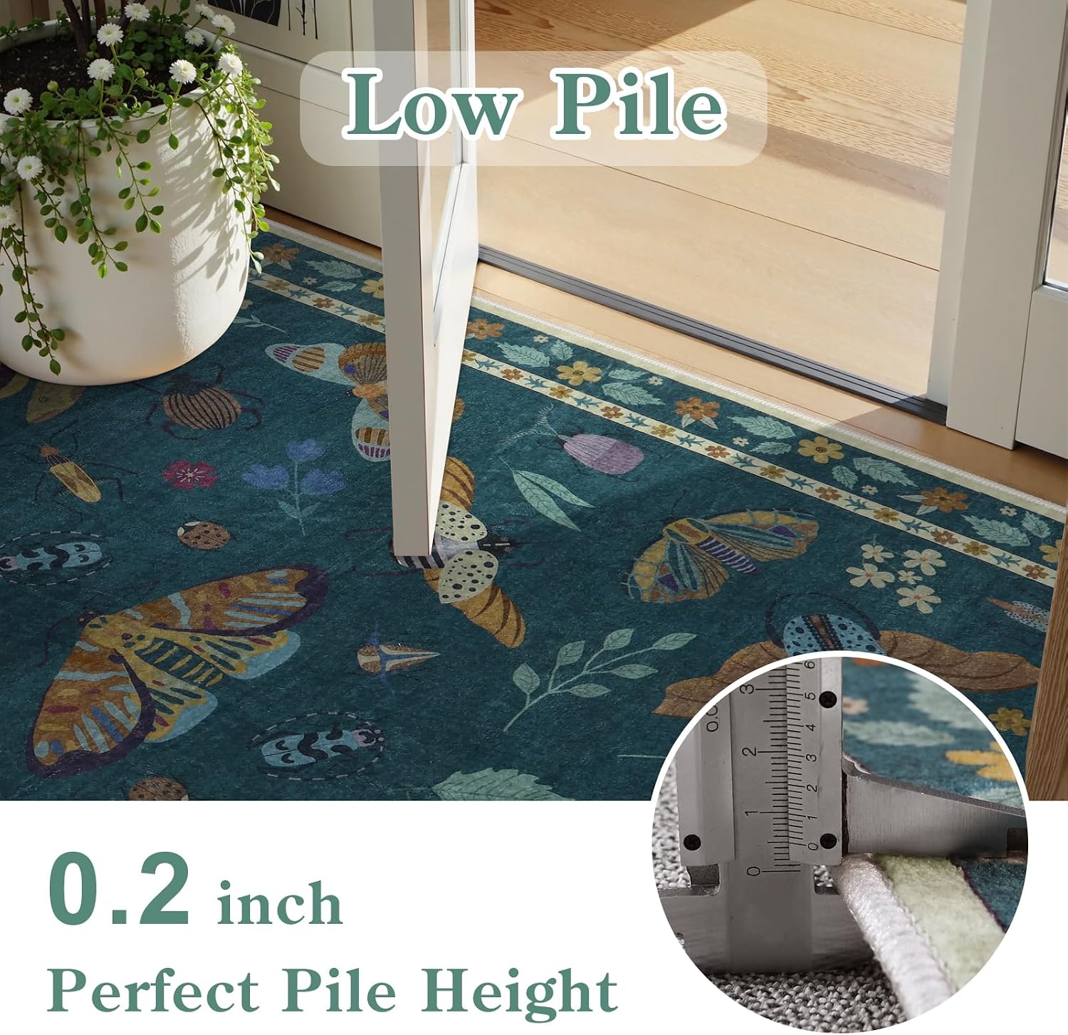 Beeiva Insect Print Area Rug 6x9, Washable Rugs for Living Room Non Slip, Soft Low Pile Ultra Thin Foldable Large Carpet for Dorm Bedroom Kids Room Playroom Decor(Dark Green,6x9ft)