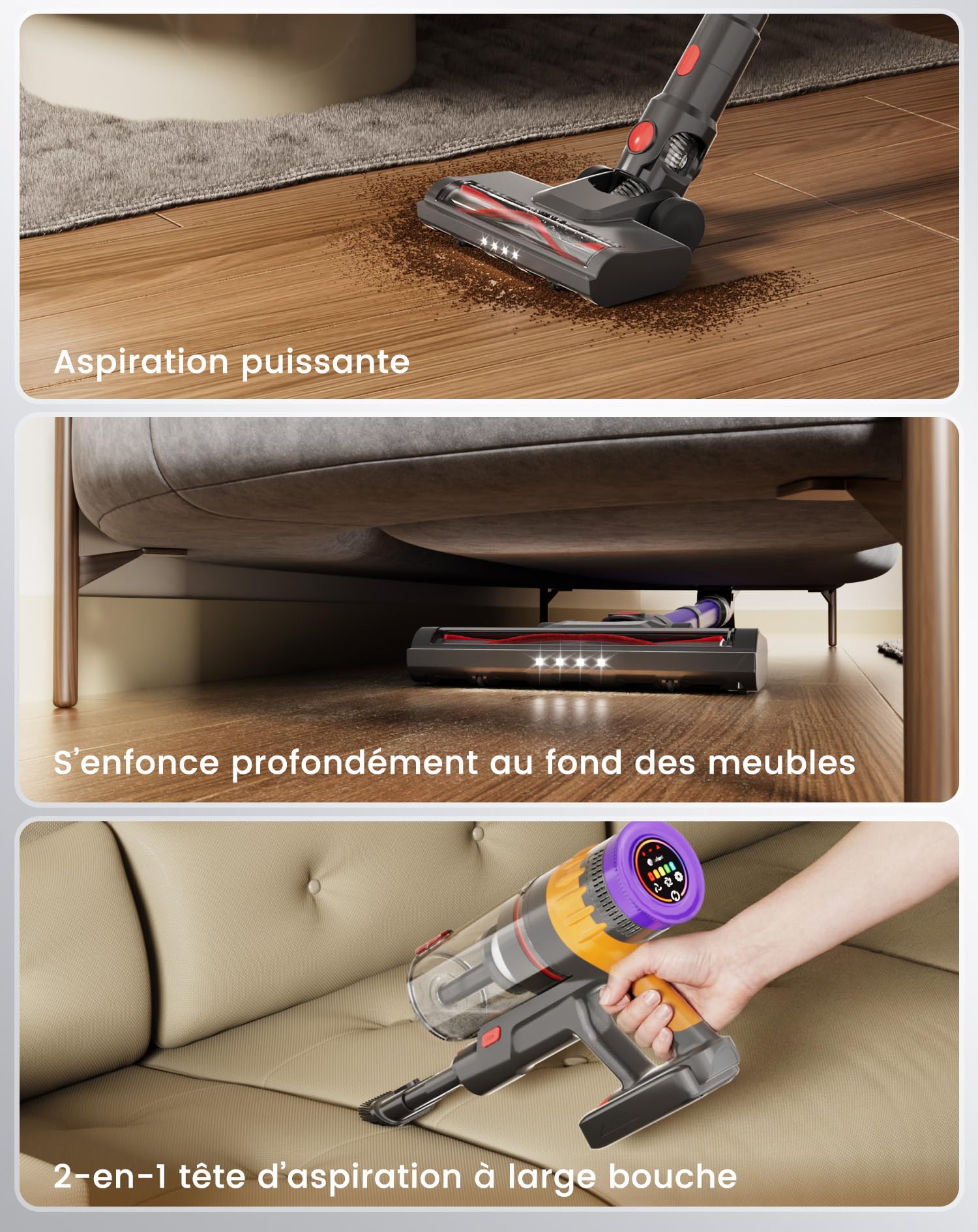 Lefant V1 Aspirador Sin Cable 40 KPa, Potente, Filtración de 5 Capas, Pantalla LED Táctil, 3 Velocidades, Cepillo con LED, Tubo Telescópico, Ideal para Toda la Casa 33