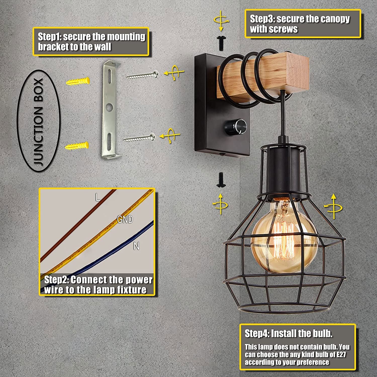 Glighone Wall Light Indoor Vintage Dimmable Black Industrial Retro Lamp Metal Wood E27 with Switch for Living Room, Bedroom, Staircase, Hallway, Cafe, Bar, Restaurant, Hotel