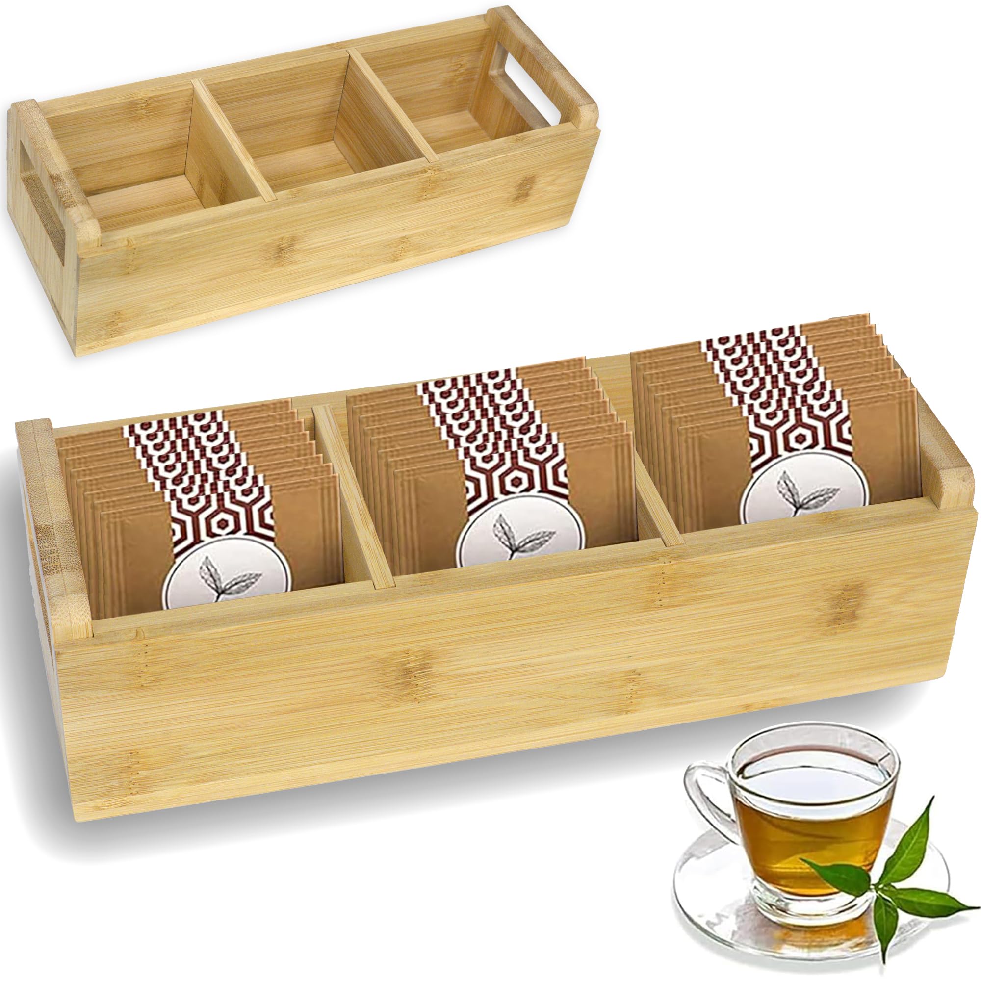 Bamboo Tea Organizer Box Chemical Free Eco-Friendly Big, Tall, Adjustable Cubbies Natural Wooden Storage Chest (3-Slot, Blank)