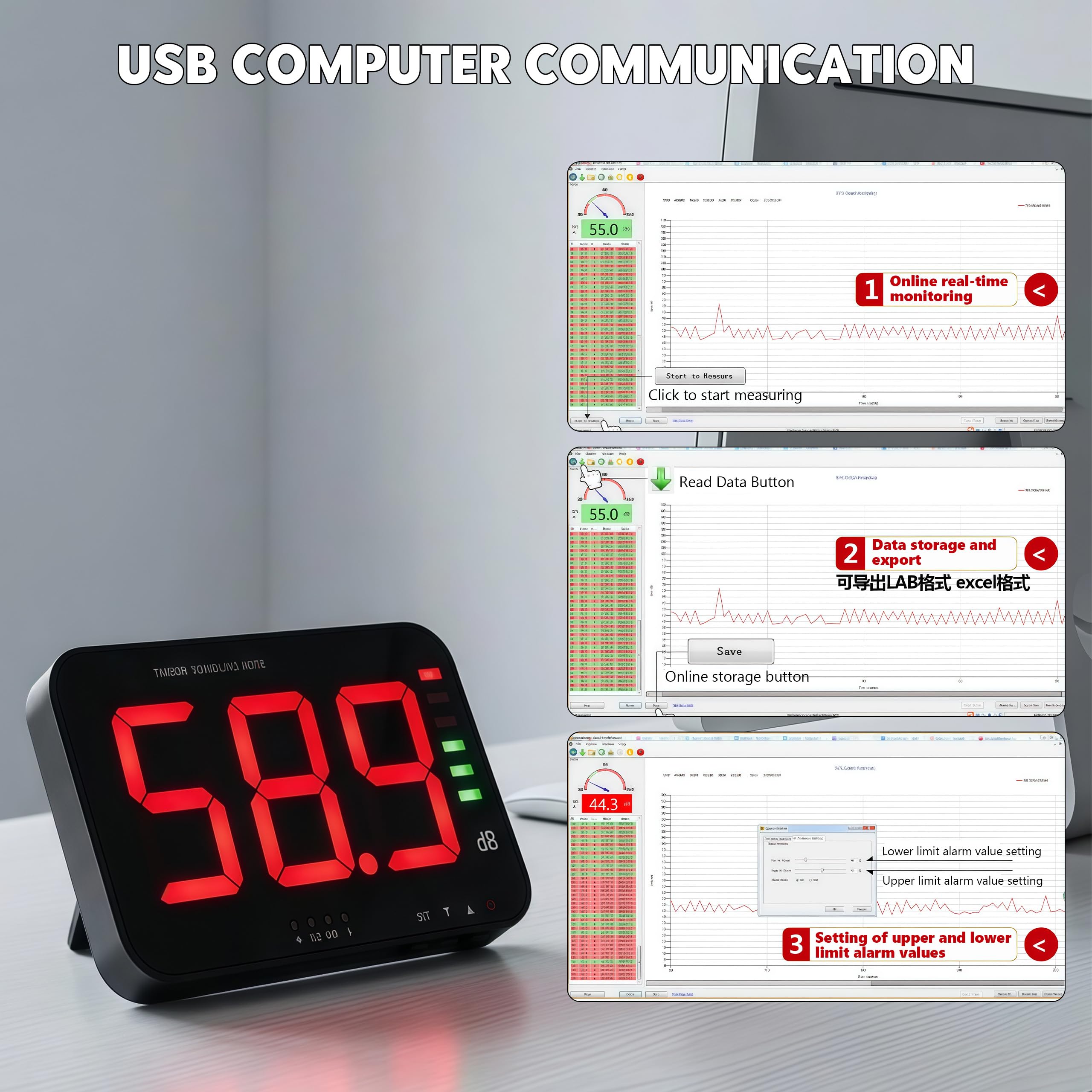 Dezibelmessgerät 13 Zoll, 30-130 DB Digitaler Schallpegel-Messgerät mit Großem LED-Display, Akustischer und optischer Alarm, Computerkommunikations und Datenspeicherfunktionen für Schulen, Büros