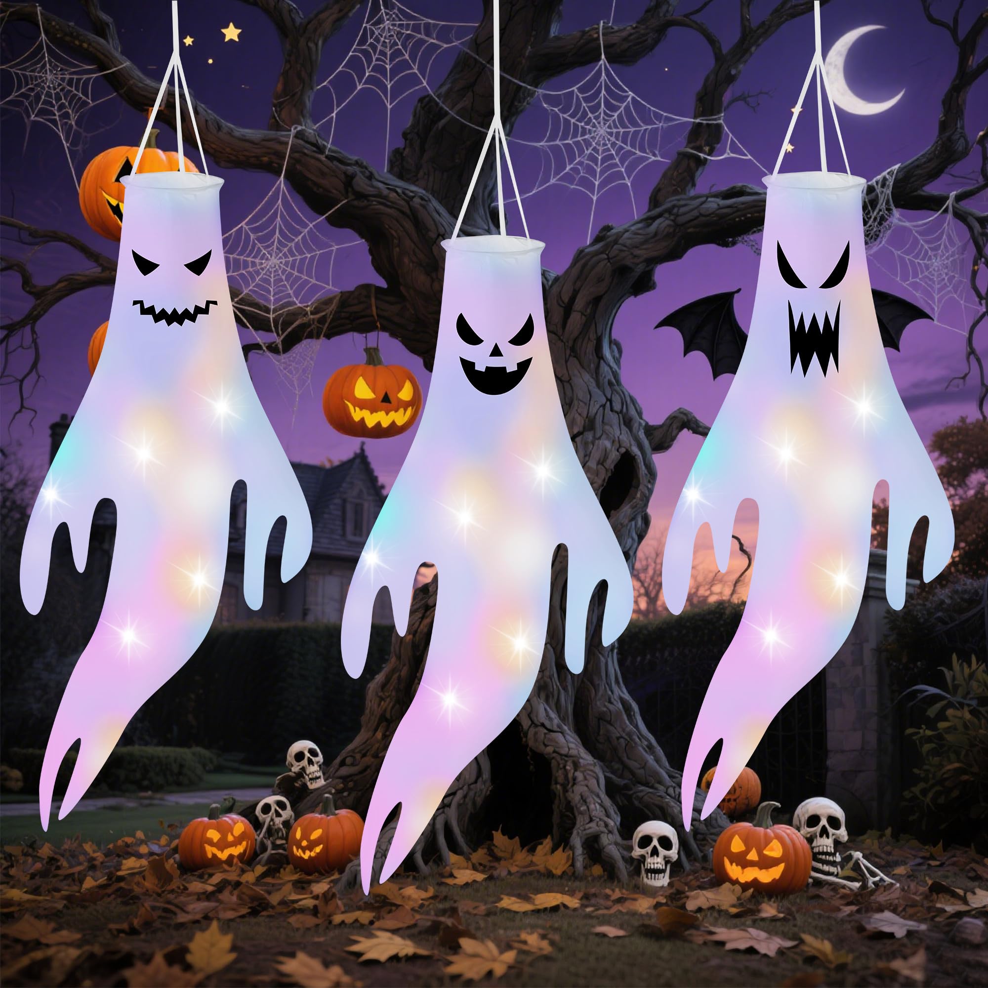 3 Stück Halloween WindsäCke Geist Windsack HäNgen Dekoration Geist Mit Farbig LED Licht Halloween Deko Outdoor,für Terrasse, Innen Außen Garten Horror Mottoparty