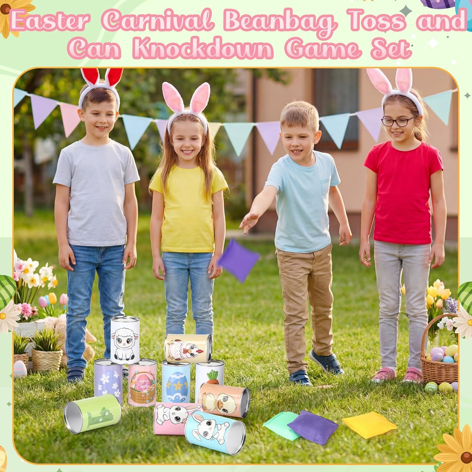 ShinyRelief 13 Pcs Easter Games for Kids Easter Bean Bag Toss Games Carnival Throwing Knockdown 10 Cans with Bunny Egg Carrot 3 Sandbags for Resurrection Day Party Family Activities Supplies