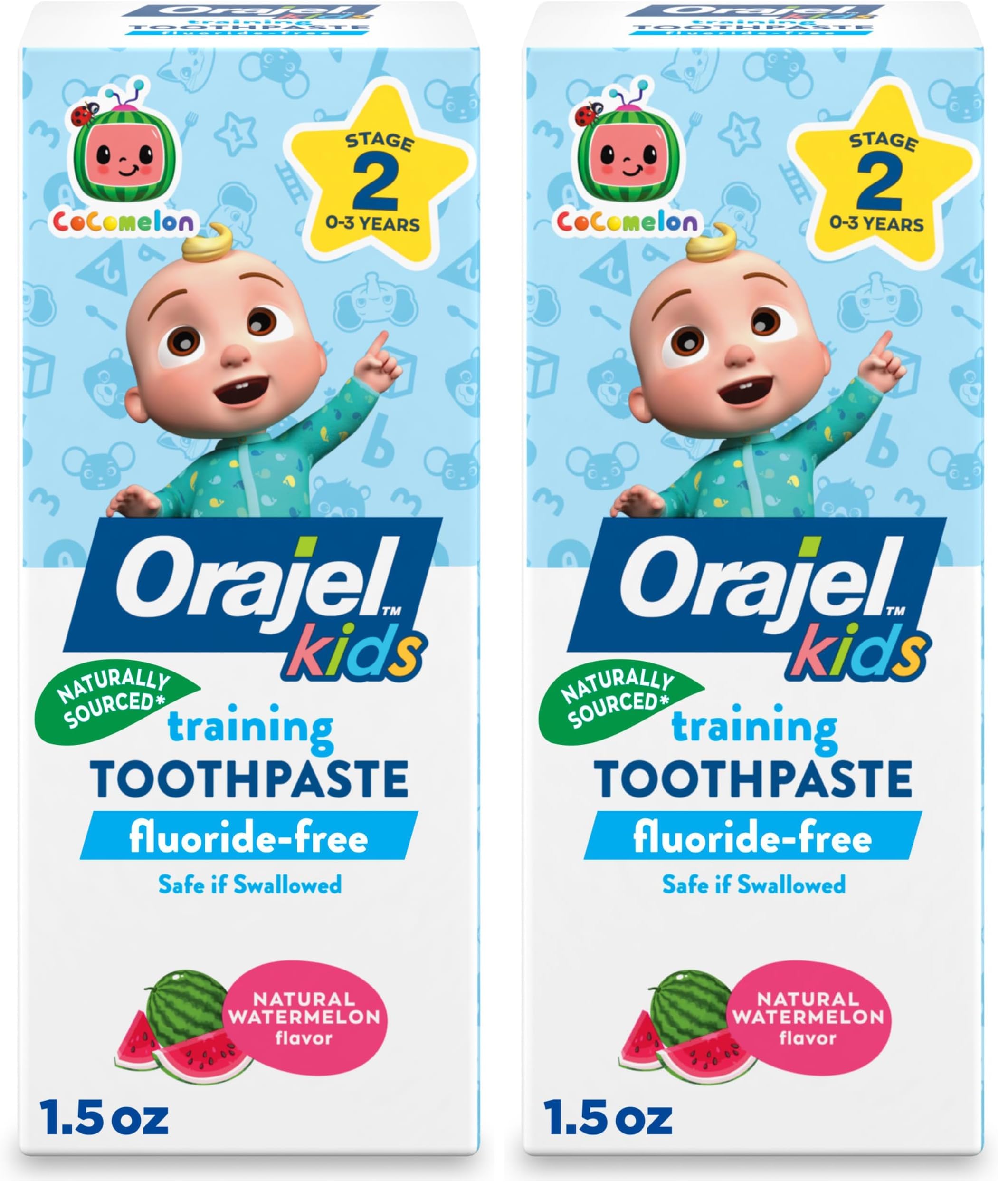 Orajel Kids CoComelon Training Toothpaste Fluoride-Free; #1 Pediatrician Recommended Fluoride-Free Toothpaste*, 1.5oz Tube (Pack of 2)