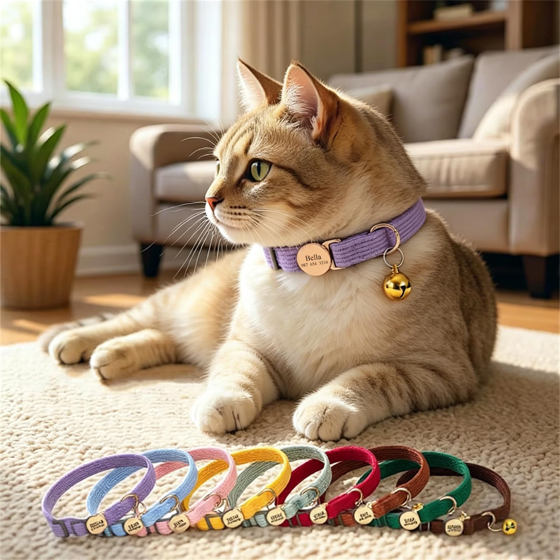 Collare gatto personalizzato con campana, nome e numero di telefono inciso su misura, tessuto regolabile morbido, fibbia a rilascio rapido Breakaway
