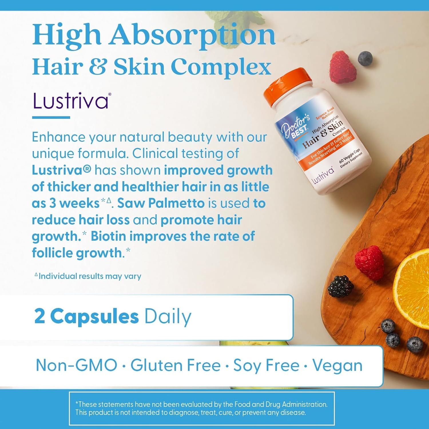 High Absorption Hair & Skin Complex, Clinically Shown to Grow Thicker, Healthier Hair in 3 Weeks, Supports Hair Growth & Skin Health, Non-GMO, Gluten Free, Soy Free, Vegan, 60 Veggie Capsules