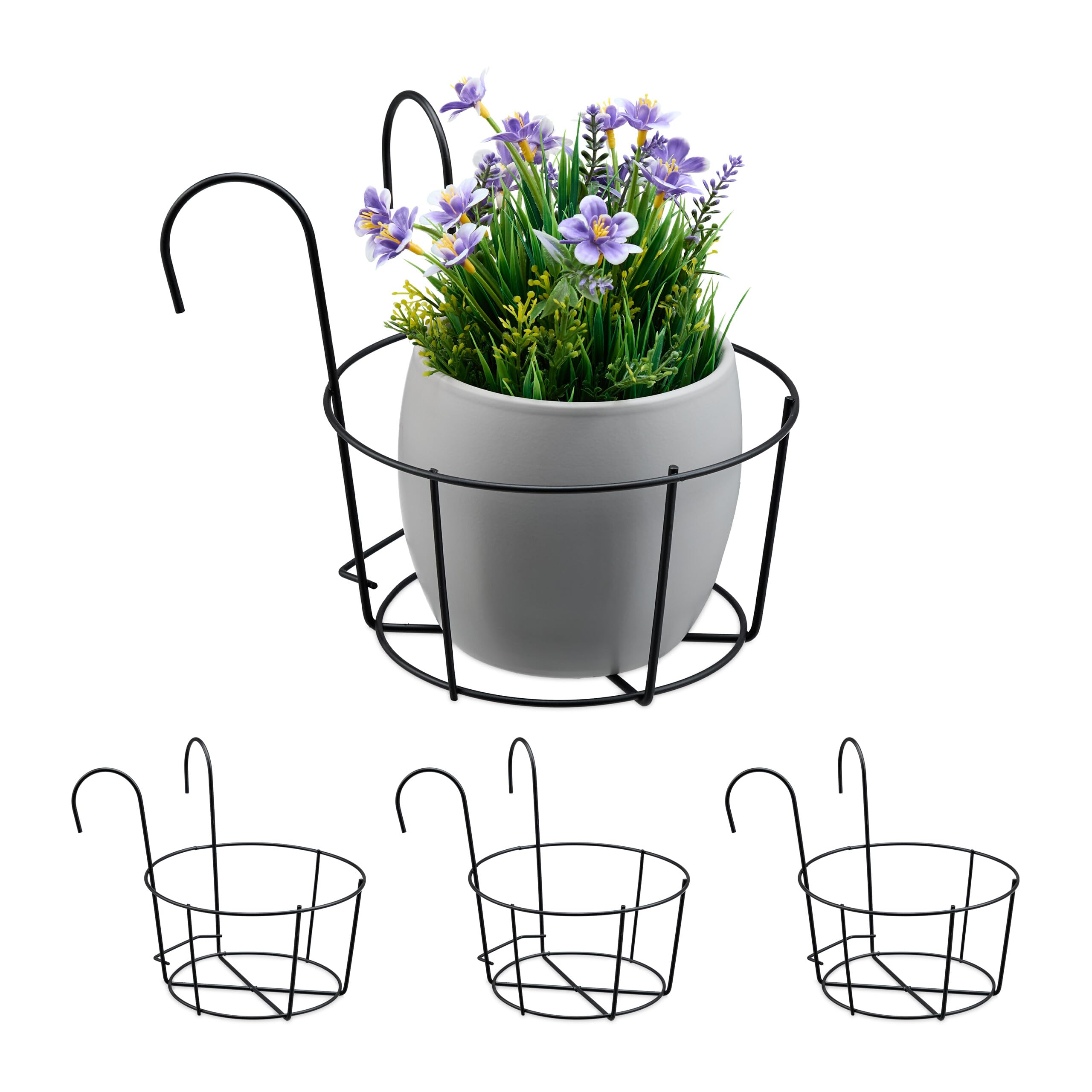 Relaxdays Soportes de Macetas para Balcón, Set de 4, Metal, 21 x 20 x 26 cm, Portajardineras Colgantes, Negro, Hierro