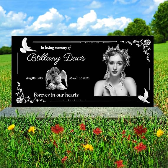 Personalized Headstone with Photo, Memorial Stone, Headstones for Graves, Grave Markers, Black Granite Garden Stone, Memorial Plaques for Outdoor, Grave Decoration for Cemetery (Picture right)