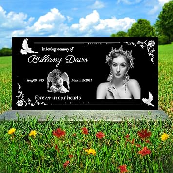 Personalized Headstone with Photo, Memorial Stone, Headstones for Graves, Grave Markers, Black Granite Garden Stone, Memorial Plaques for Outdoor, Grave Decoration for Cemetery (Picture right)