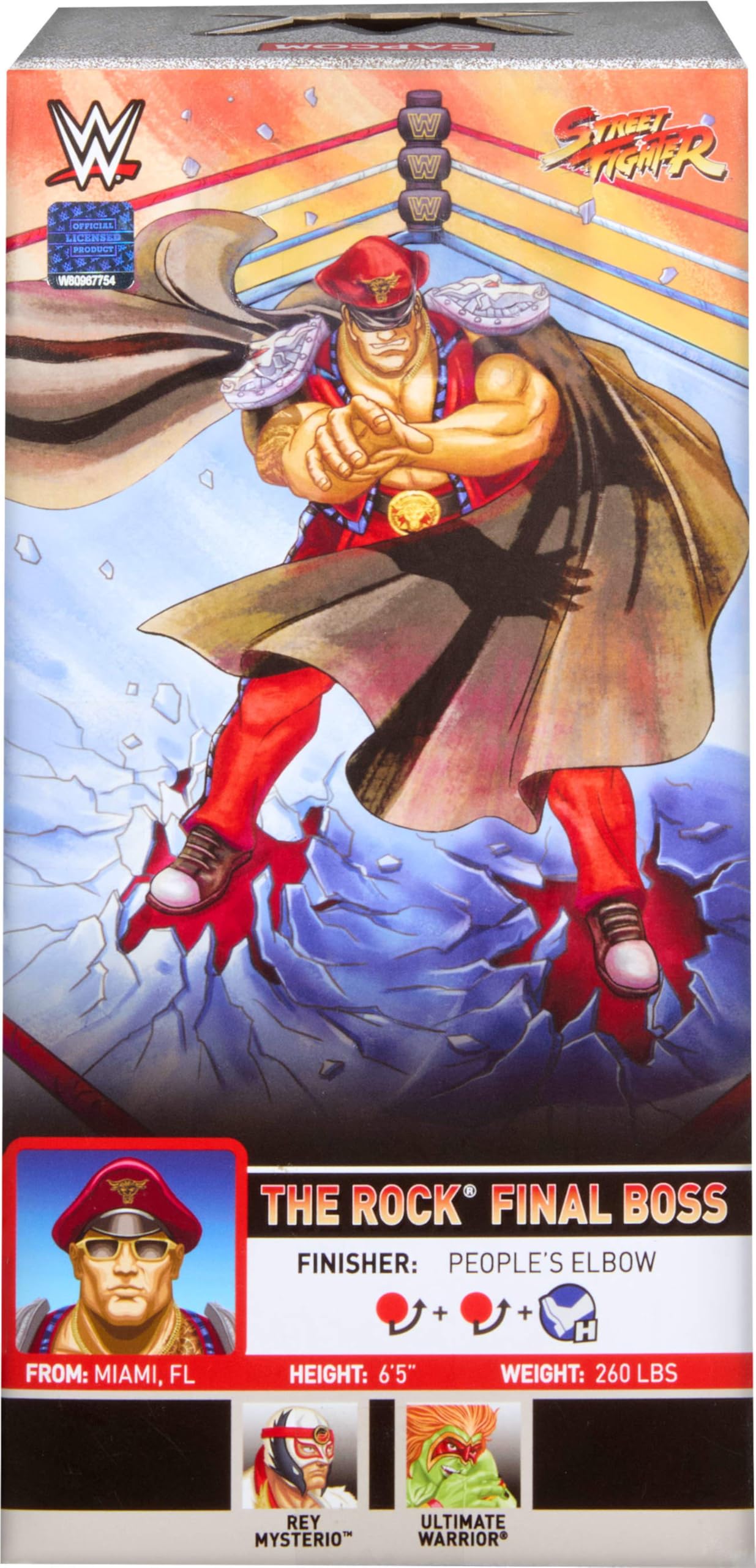 Mattel WWE x Street Fighter figurki akcji i akcesoria, The Rock Final Boss jako M. Bison, zestaw mash-up z elitarną figurką kolekcjonerską o wielkości ok. 15 cm, JLD79