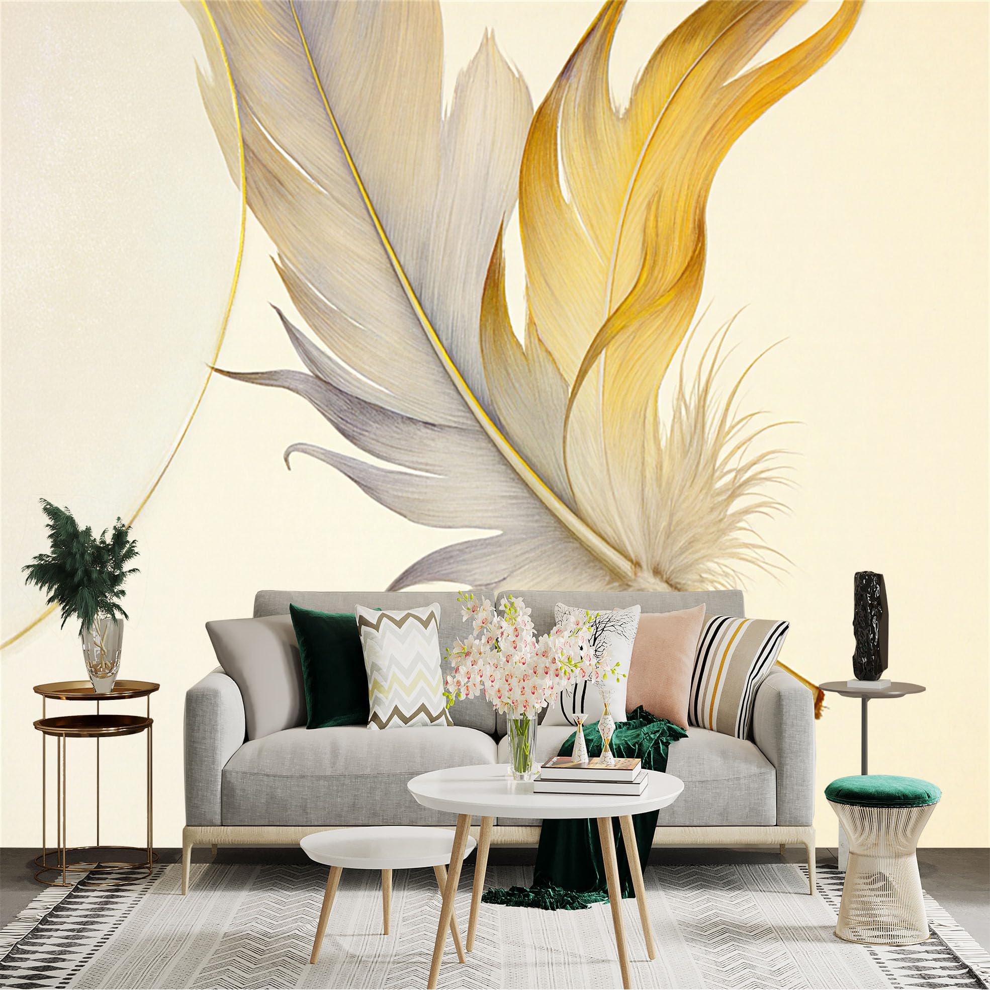 Custom Size Wall Sticker Mural， Elegant Golden and Grey Feather， Soft Artistic Plume， Minimalist Aesthetic Decor， for wall Decoration， peelandstick wall Decals.